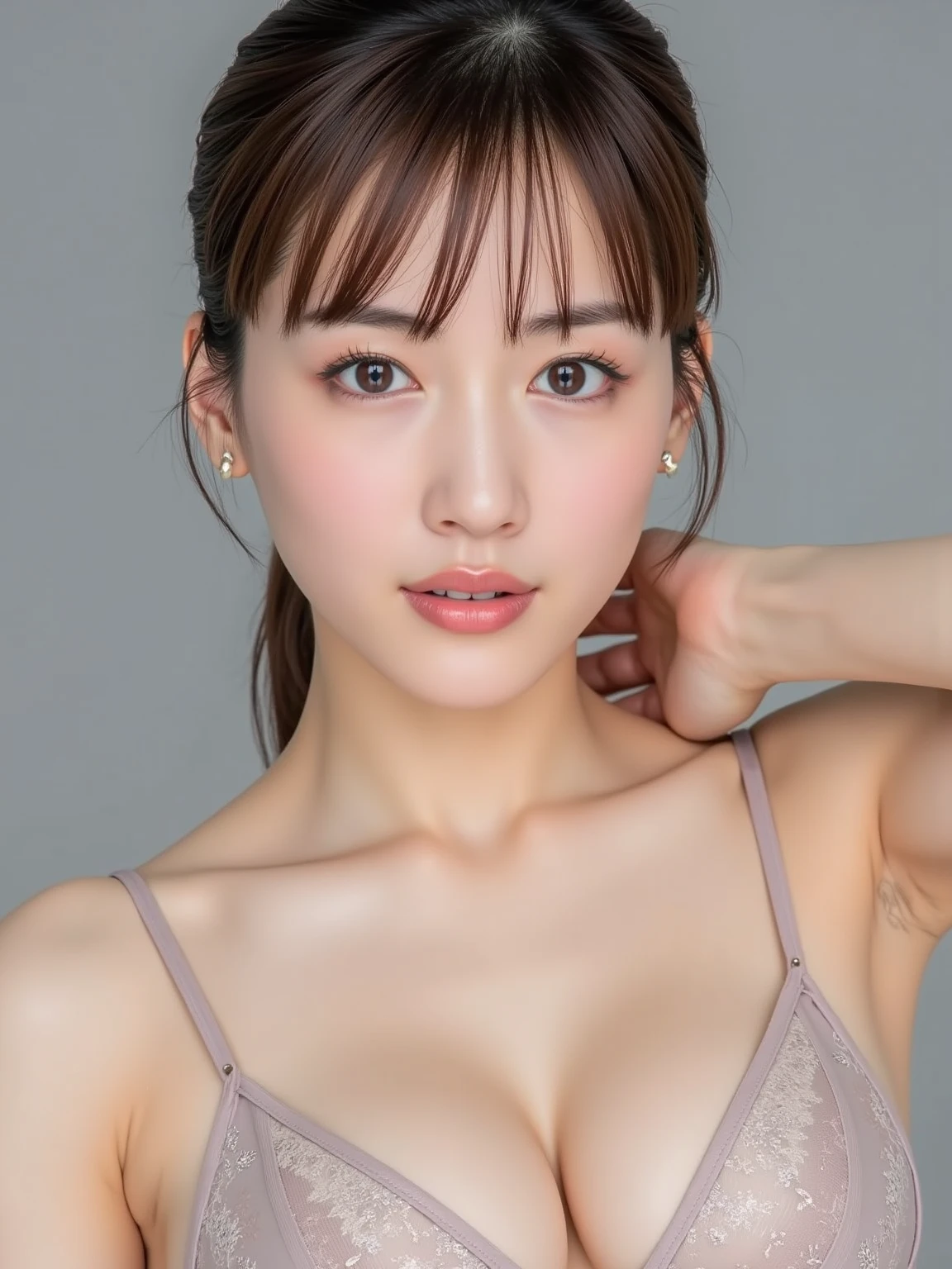 (8K.Highest quality), (beautiful)、Very delicate eyes、Brown eyes、22-year-old female、Brown Hair、looking at the camera、Semi-short hair、Gal、Soft boobs、Upper Body、Floral embroidered micro bikini、Natural lips、Gray background、Turn your body forward