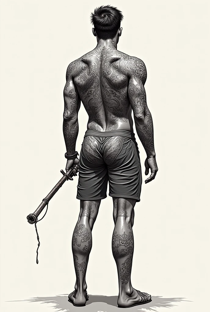 monohunk, solo, holding, underwear, standing, monochrome, full body, greyscale, simple background, hand on hip, muscular, facial hair, (polearm:1.2), male pubic hair, bara, bulge, realistic, male underwear, fundoshi, chest hair, hairy