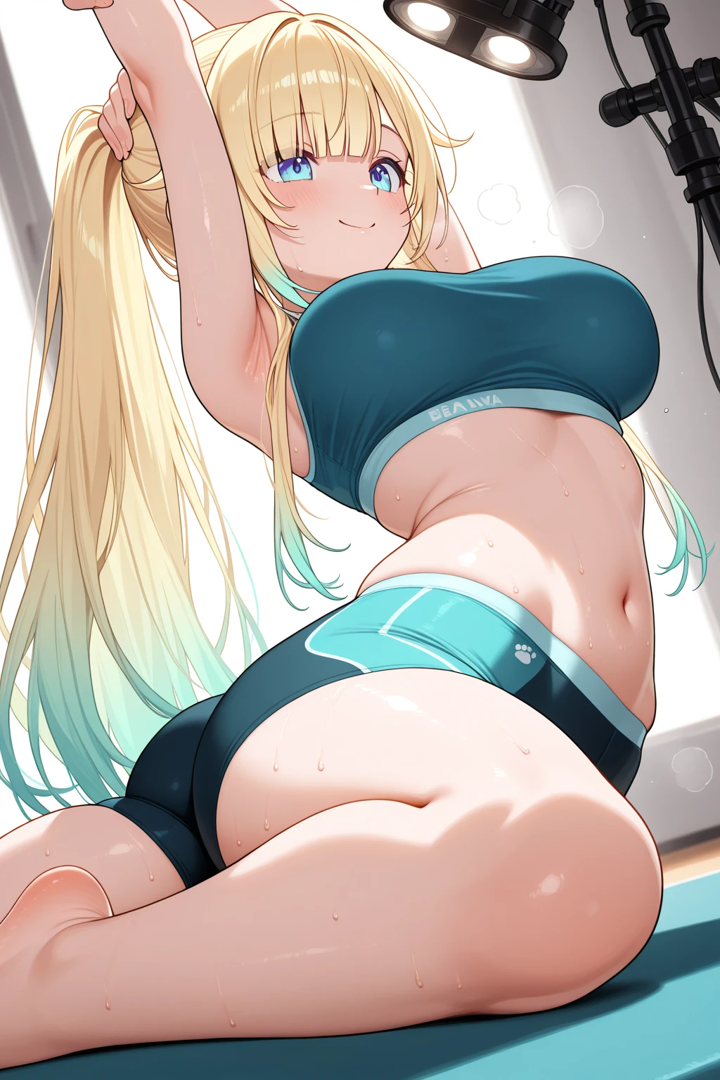 beautiful, masterpiece, best quality, extremely detailed face, perfect lighting, masterpiece, best quality, 1girl, blush, blue eyes, white hair, long hair, ponytail, buruma, sports bra, sportswears, ;o, one eyes closed, large breasts, standing, leg up, garden, looking at viewer