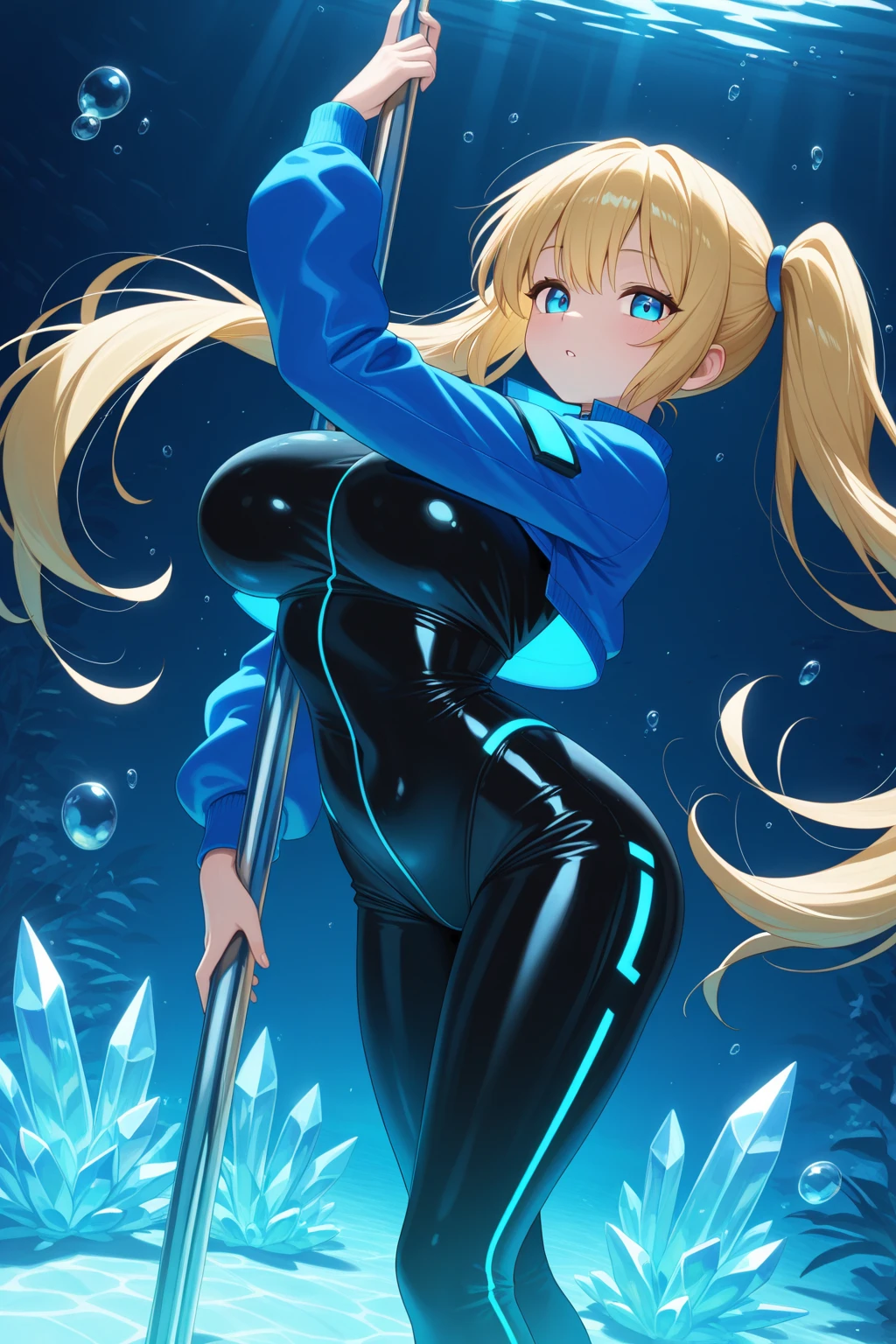 "Create an anime-style image of a seductive and voluptuous female character inspired by C18 from Dragon Ball. The character should have a confident and alluring pose, emphasizing her curvaceous figure with a tight-fitting, stylish outfit, such as a sleeveless top and tight jeans, highlighting her feminine curves. Her blonde hair should be styled in a sleek bob cut, with strands framing her face. The expression should be sultry, with slightly narrowed eyes and a playful smirk. The background can be a minimalistic or futuristic setting, focusing the viewer's attention on the character. Use vibrant colors and soft shading typical of anime to enhance the overall appeal and capture the essence of C18's strong yet seductive personality."