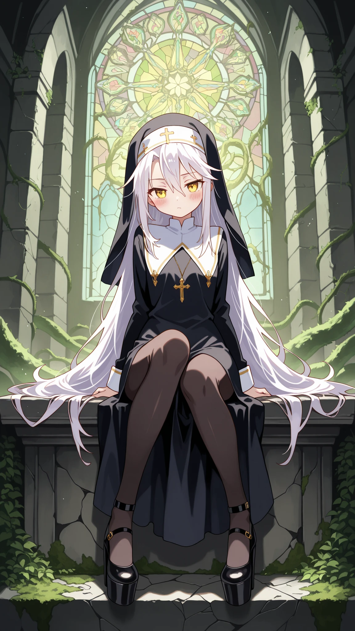 BREAK (masterpiece:1.2), best quality, high resolution, unity 8k wallpaper, (illustration:0.8), (beautiful detailed eyes:1.6),vabandoned church interior overtaken by nature, no humans, moss-covered wooden pews, vines growing through cracked stone walls, shattered stained glass scattering colored light, ancient altar in decay, quiet forgotten ruin, nature reclaiming sacred space,blush, seductive expression,floating hair,shiro, long hair, hair between eyes, very long hair, white hair, messy hair, yellow eyes,nun uniform,black stockings,cleavege,сowboy shot,looking at viewer,serious face,seductive pose,lying on altar,lying on back,platform heels,