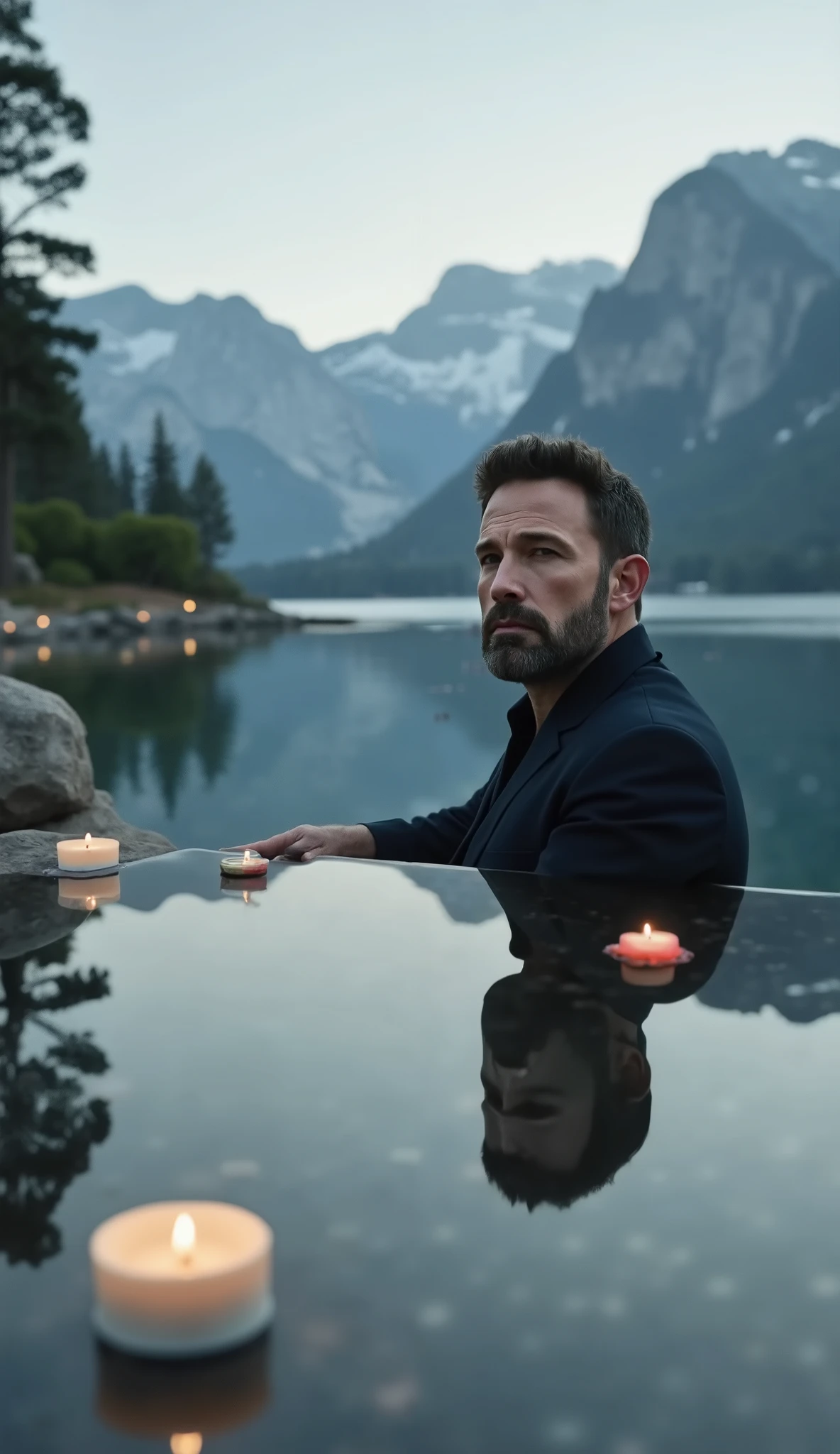 Ben AFFLECK focusing on the face in the mega-real background Still water mirror with small ripples, small candles floating, mountains in the background covered by fog, trees reflected in water, Total Silence .