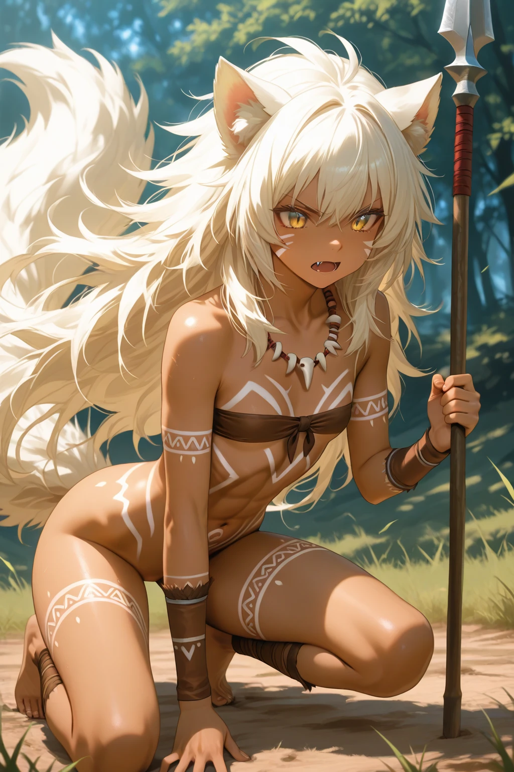 (8k, Anime Style, Highest quality, (from below:2), View your viewers: 1.3), (Fox Girl, Fox Ears, Silver Hair, one person&#39;s, Long Hair, (Alone on the screen, dark skin), High definition:1.6), (Bikini Armor, Less exposure:1.8), (Body measurements are 75-60-75!, Height: 145cm, Body Type, Small breasts, slender, (Model pose, I can see the valley, bent over):1.9),(美しいface, Delicate drawing, It is written down in detail), Avatar, face, 色っぽいface, Dominant representation, naughty face, Uplifting, Skin Texture, outside, ruins, Ruined City, Broken Building