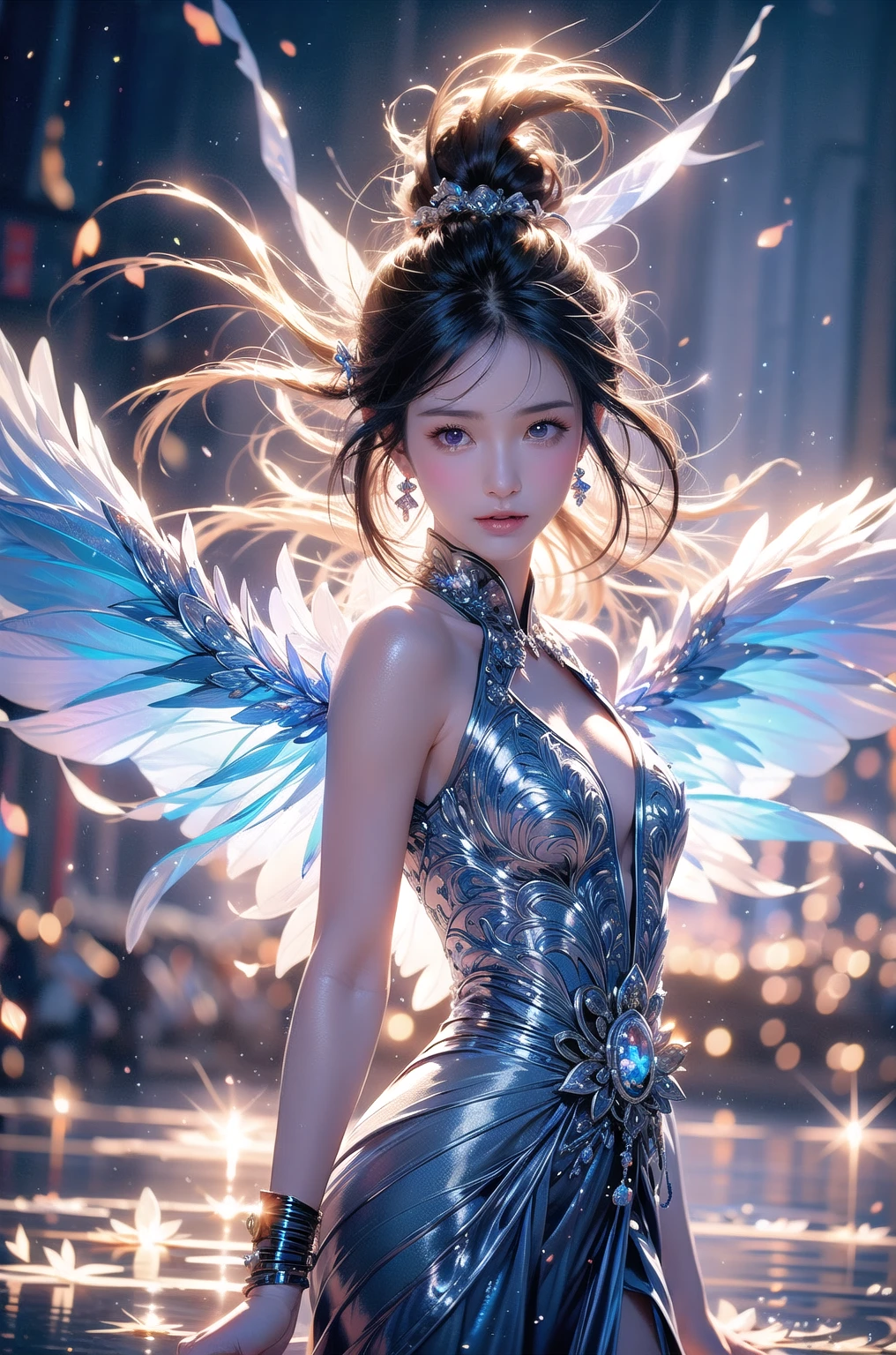 01_(Epic Character) (Dragon Girl). Horizontal composition, with some offset from the center-wide format. (Very beautiful creature, graceful form). (Alien creature, determined nature, menacingly beautiful). (Dragon Girl, a fantastic fantasy image, a creature with clear white skin, created for love, consists of graceful forms shimmering in the light, he is ready to love). (The body is covered with armor, armor). A very beautiful head, alien shape, (hair fetish hairstyle, shamanic amulets). Very beautiful - exotic face, slanted eyes, sensual lips, parted mouth, white - neat teeth, small fangs. A half-naked body with white pearlescent skin, a wide neckline, and small beautiful breasts, the body is covered with an exoskeleton, scars, hard black scales, the texture of the exoskeleton with artificial material (stone plastic and bionics, ground, polished, smooth, bas-relief, bionics, cyberpunk – they decorate protective plates on a very beautiful body, shoulders, knees, arms). Anatomy of an alien creature with pronounced sexual forms. The armor is decorated with scars - notches, relic bas-reliefs of alien meaning. 02_The composition is located in a horizontal frame. Eliminate symmetry, the main mass is not placed clearly in the center - with a slight offset. Magic, fantasy, sexual nature.
03_ Cold range of lighting, evening, snow storm, elements, gusty wind, slanting snow whirlwinds, dark blue, snowy background. Contrasting, clear lighting, warm magical light, clear cold shadows, contrasting image. Ice, snow, snow decor, intricate patterns. The highest image quality, a masterpiece, computer graphics. Cinematic level of performance, animated film. HD quality, wide format, 8K. 3D visualization. The scene was recreated using Unreal Engine. The highest quality, details, textures, materials, and clear forms (smooth bionic, synthetic material, artificial stone, plastic, metal). Black radiance from the depths of forms. Frontal view from camera, perspective, with watery ceilings, d