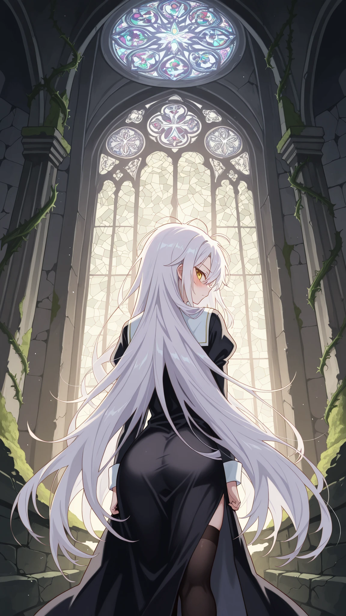 BREAK (masterpiece:1.2), best quality, high resolution, unity 8k wallpaper, (illustration:0.8), (beautiful detailed eyes:1.6),vabandoned church interior overtaken by nature, no humans, moss-covered wooden pews, vines growing through cracked stone walls, shattered stained glass scattering colored light, ancient altar in decay, quiet forgotten ruin, nature reclaiming sacred space,blush, seductive expression,floating hair,shiro, long hair, hair between eyes, very long hair, white hair, messy hair, yellow eyes,nun uniform,black stockings,cleavege,сowboy shot,looking at viewer,serious face,seductive pose,standing in middle,from behind,back photo
