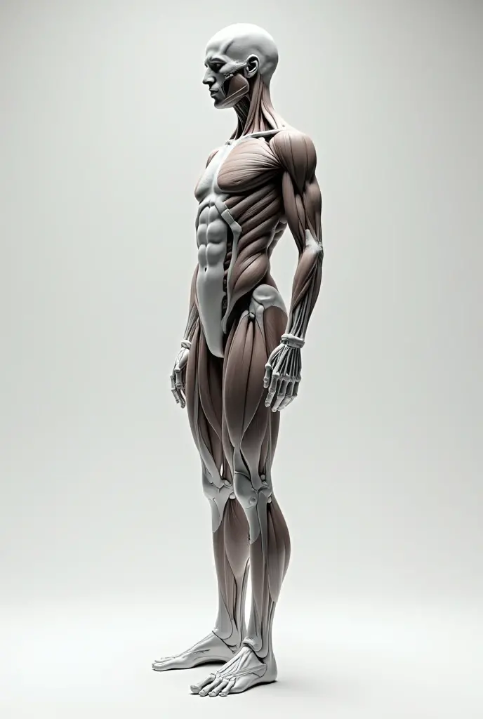 A body being sculpted, with defined physique and dumbbells around 