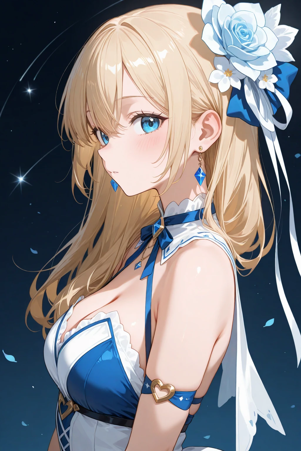 (masterpiece, best quality:1.2), 1girl, solo, blond hair, blue hairband, blue hair ribbon on the left, white-blue bra, black gloves, knight skirt, Solid color background