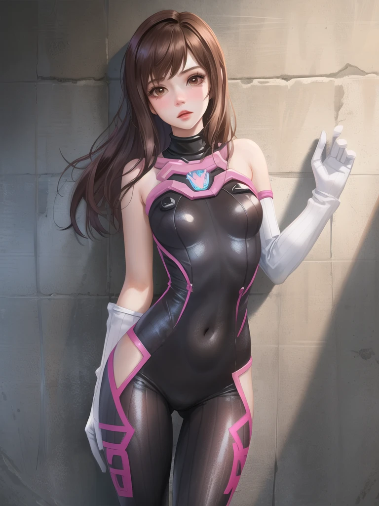 (masterpiece), (best quality), (intricate details), high resolution, visually stunning, sidelighting, (((amber eye colour which glow)), deep shadow, nothing but white background, (Dva from overwatch), (wearing a jumpsuit which is predominantly light blue, with a bit of black and purple on the sides), brown hair, heart-shaped pupils, , innocent smile, cinematic lighting, sparkle, ray tracing, backlighting, ((super shiny face)), thick thighs with skinny body, winking,
