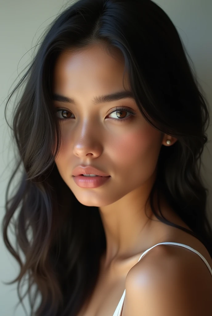 photo of a 25 years old, (chinese), (((european))), RAW, beautiful woman, (((thin pointy nose))), (long wavy black hair), (((supermodel face))), (dark blue eyes), (( perfect anatomy)), (busty), ((detailed face:1.2)), ((detailed facial features)), (finely detailed skin), pale skin, (((naked))), . (vivid colors), damp, moist, reflections, (masterpiece) (perfect proportion)(realistic photo)(best quality) (detailed) photographed on a Canon EOS R5, 50mm lens, F/2.8, HDR, (8k) (wallpaper) (cinematic lighting) (dramatic lighting) (sharp focus) (intricate) fashion, realistic skin texture, POV, Nikon d850, film stock photograph,4 Kodak Portra 400, camera f1.6 lens, rich colors, ultra-realistic, hyper-realistic, ultra-detailed, hyper-detailed, ((perfect face, perfect body), RAW photography, realistic skin texture, bedroom, ((POV))