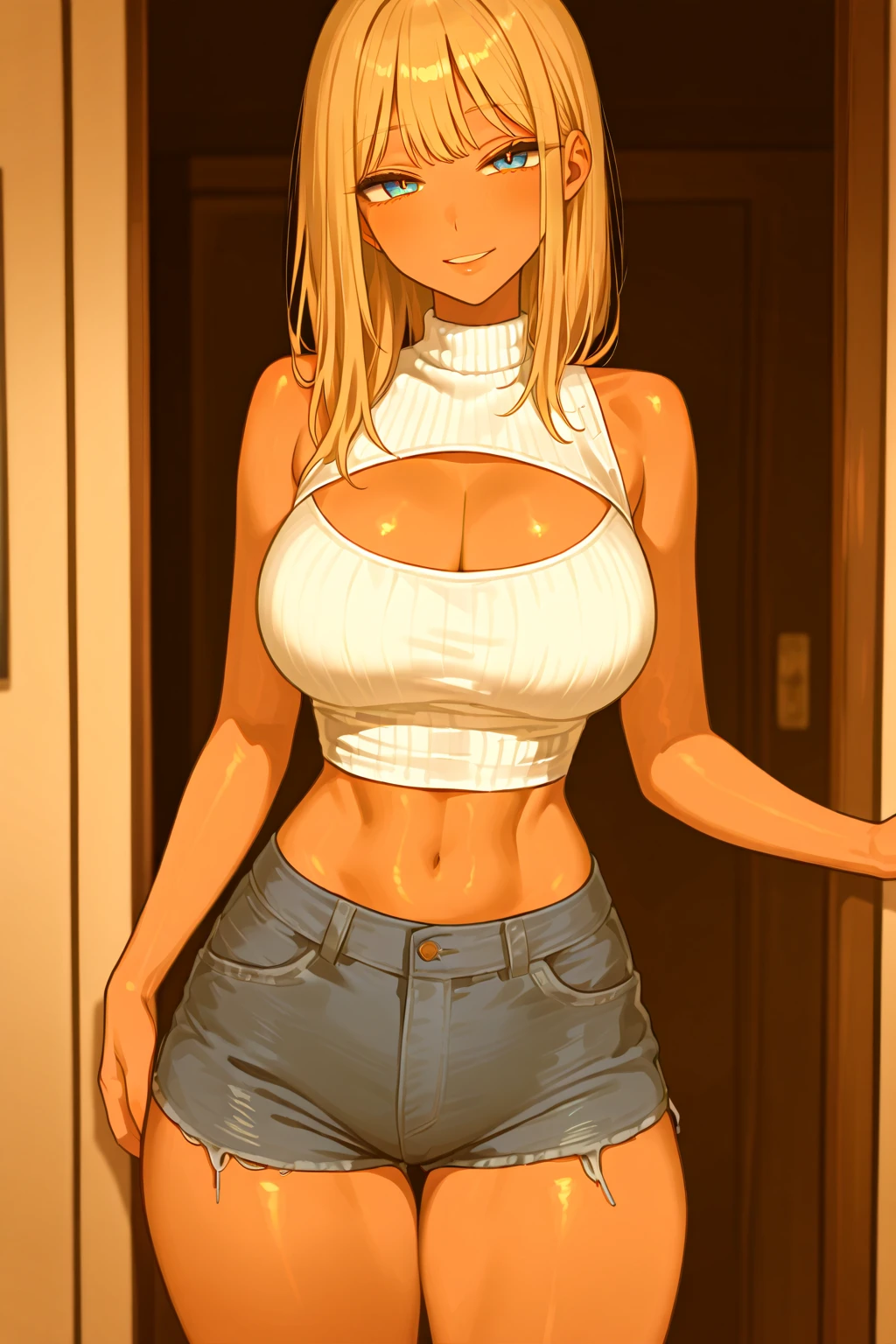 best quality, (masterpiece),(ultra-detailed), (high quality), (high resolution), (2heads:1.5) (blonde hair), cleavage, ((pink tank top)), best quality:1.5, highres, UHD, 4K), smiling, white boots with pink patterns, detailed glowing blue eyes, (mature woman),((white pants)), sexy proportions, Beautiful girl with accentuated slender abs, long legs, seductive woman, lustrous and smooth skin, cyberpunk city background, night time