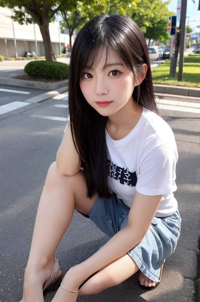 (((masterpiece))), ((highest quality)), ((Very detailed)), ((High resolution)), ((8k)), ((Anatomically correct)), One Girl, Childish, 10 years old, long hair, (he is short), Very cute woman, delicate, Charming smile, Black Hair, Bright Eyes, Big Eyes, Best moment, Vivid eyes, Beautiful Skin, Cute face, delicateな腕, Detailed skin texture, Intricate details, Very detailedな顔, Beautiful Eyes, View your viewers, Thin thighs, Schoolyard at noon, Looking up, Show the whole picture, Denim shorts, I can see my belly button, Plain T-shirt, Sitting, Hair blowing in the wind, Wearing sandals, Sit on a bench, Sweating, 