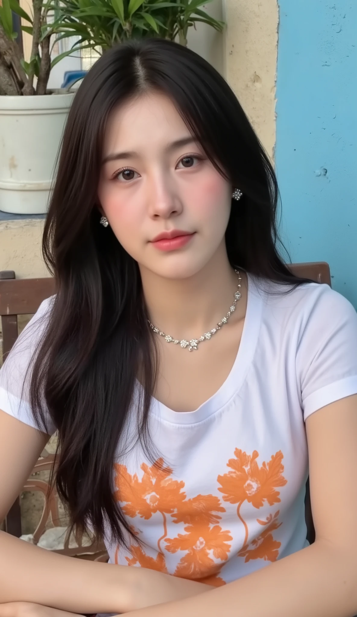 Realistic teen girl Beautiful face Black long hair Big breasts Attractive shape looking at camera 8K high definition sharp focus very high detail like real photo, natural light, smooth skin
Sitting in a bright blue-toned seaside cafe, bare stucco walls and small potted plants.
She wore a short sleeved T-shirt with a bright orange floral print.
She wore silver star-shaped earrings and a thin necklace adorned with a floral pendant.
The camera angle is slightly below the chest, visible from the head to the waist, the eyes look down at the camera while the head remains upright. The atmosphere is warm and stylish.