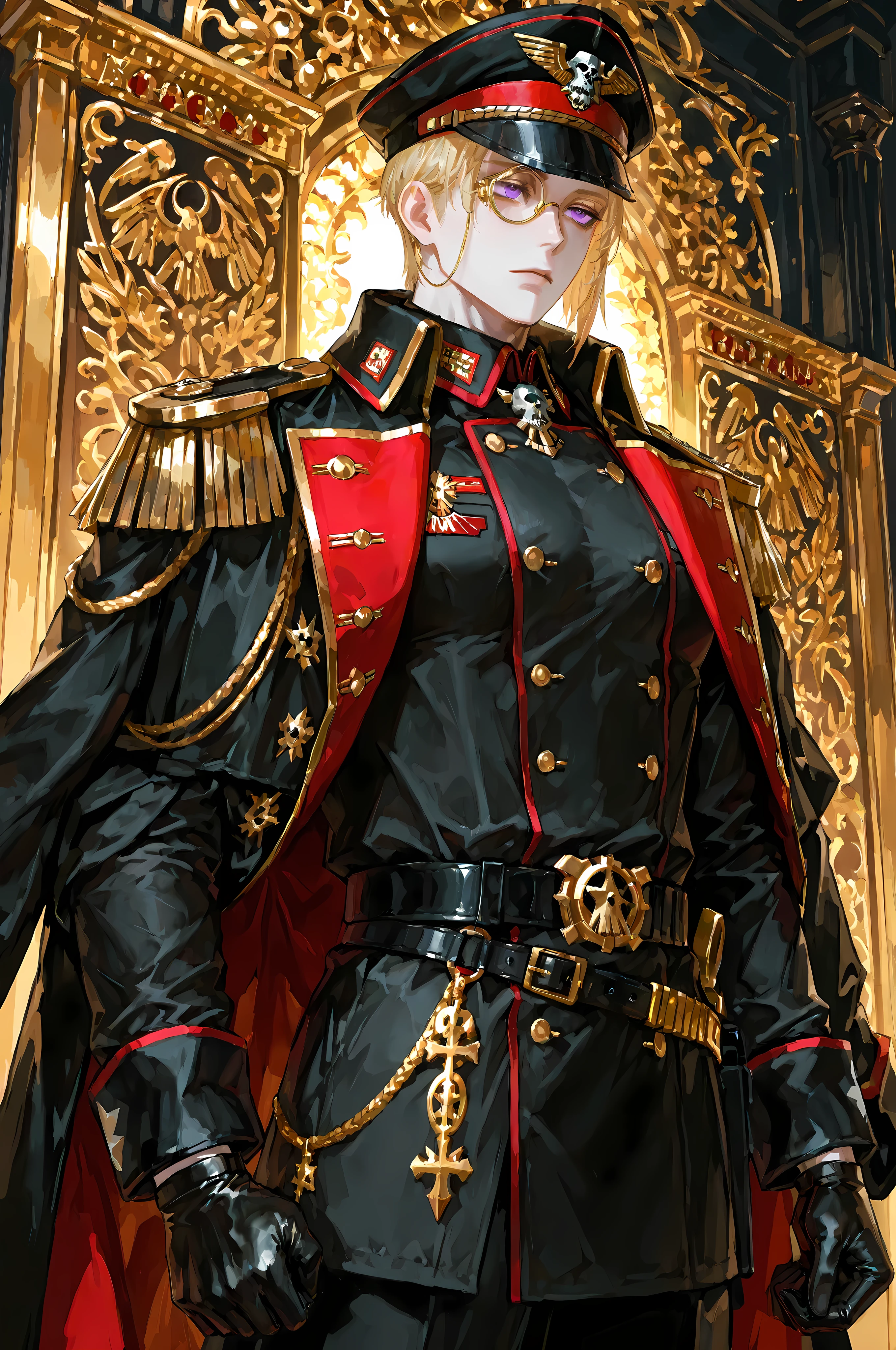 warhammer40kcommissar, 8k, beautiful masterpiece, looking ahead, alone, pale skin, Perfect Eyes shape, Athletic Build, ((He wears: black with red and golden accents = commissar officer six-buttoned epaulets jacket, military decorations on jacket, commissar military overcoat, commissar military cap; black belt with golden buckle; golden rimmed monocle; black service gloves))), (((background is warzone, is emotionless and somber while holding 1 laspistol ready to fight))), mature man, 1 man, male-centered, muscular male, handsome man, handsome, short hair, blonde hair, Thick painted, purple eyes, Perfect Eyes, masterpiece, top quality, amazing quality, exquisite details, very detailed, semi-realism art, semi-realism art style