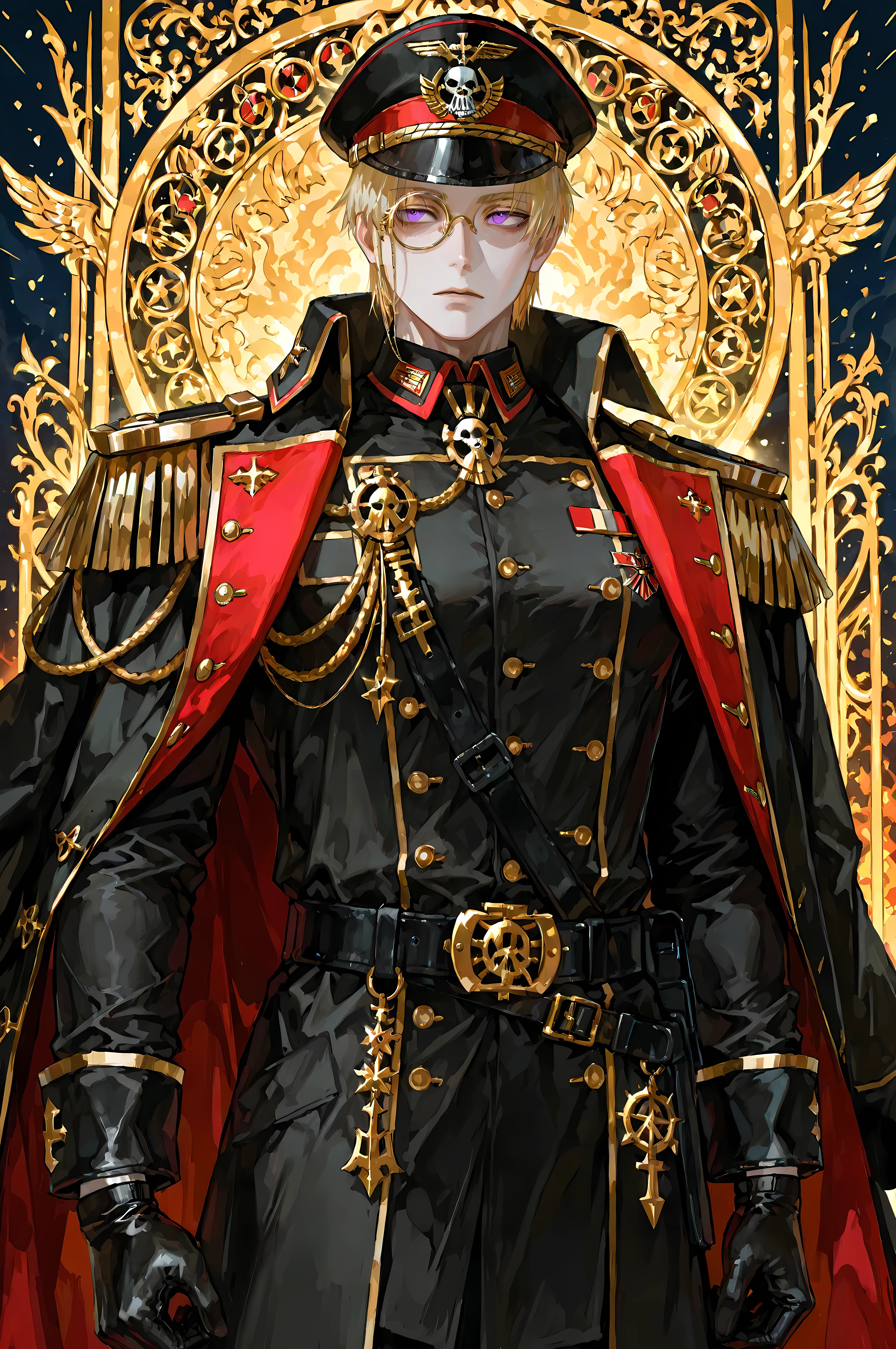 warhammer40kcommissar, 8k, beautiful masterpiece, looking ahead, alone, pale skin, Perfect Eyes shape, Athletic Build, ((He wears: black with red and golden accents = commissar officer six-buttoned epaulets jacket, military decorations on jacket, commissar military overcoat, commissar military cap; black belt with golden buckle; golden rimmed monocle; black service gloves))), (((background is warzone, is emotionless and somber while holding 1 laspistol ready to fight))), mature man, 1 man, male-centered, muscular male, handsome man, handsome, short hair, blonde hair, Thick painted, purple eyes, Perfect Eyes, masterpiece, top quality, amazing quality, exquisite details, very detailed, semi-realism art, semi-realism art style