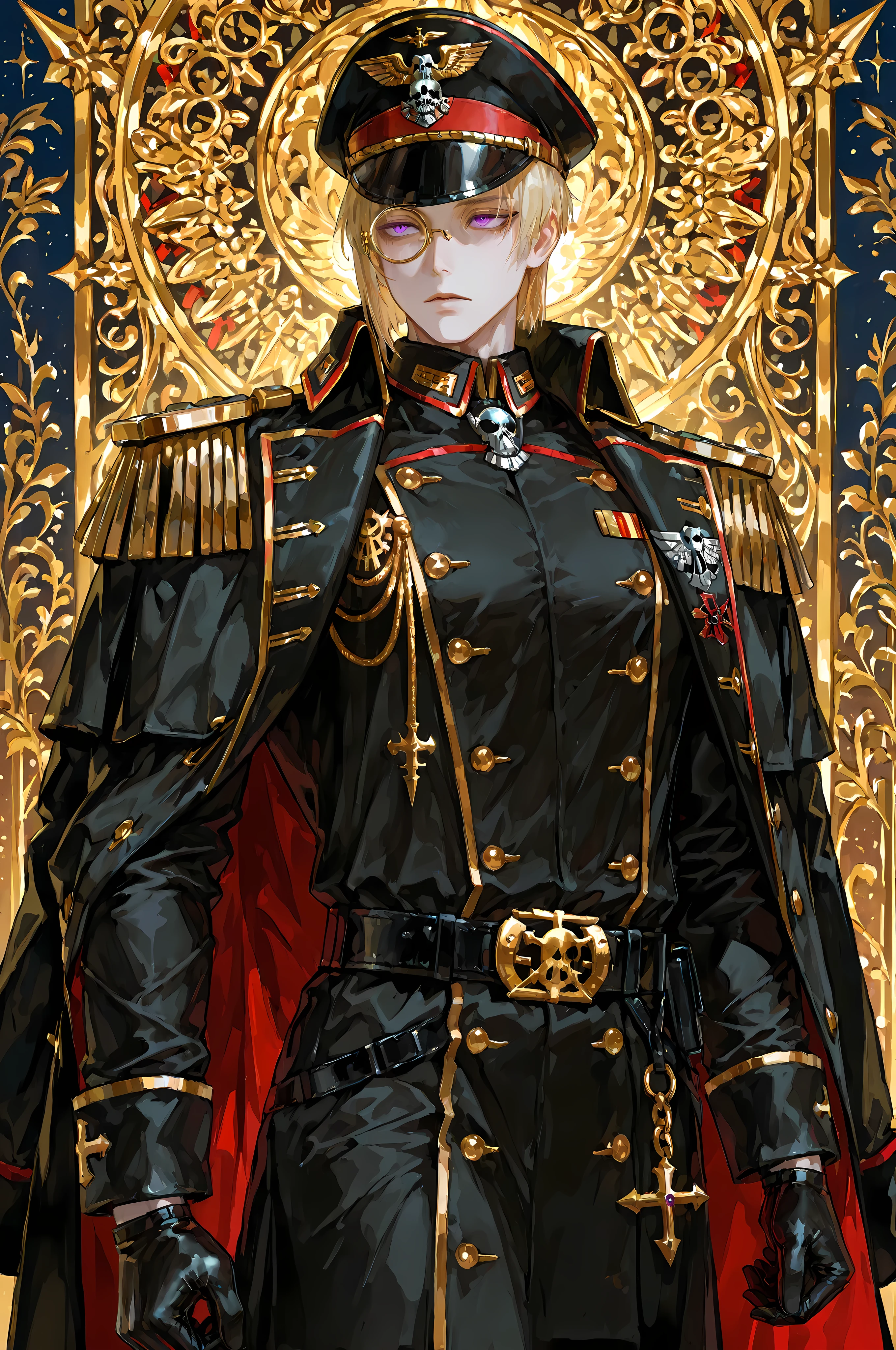 warhammer40kcommissar, 8k, beautiful masterpiece, looking ahead, alone, pale skin, Perfect Eyes shape, Athletic Build, ((He wears: black with red and golden accents = commissar officer six-buttoned epaulets jacket, military decorations on jacket, commissar military overcoat, commissar military cap; black belt with golden buckle; golden rimmed monocle; black service gloves))), (((background is warzone, is emotionless and somber while holding 1 laspistol ready to fight))), mature man, 1 man, male-centered, muscular male, handsome man, handsome, short hair, blonde hair, Thick painted, purple eyes, Perfect Eyes, masterpiece, top quality, amazing quality, exquisite details, very detailed, semi-realism art, semi-realism art style