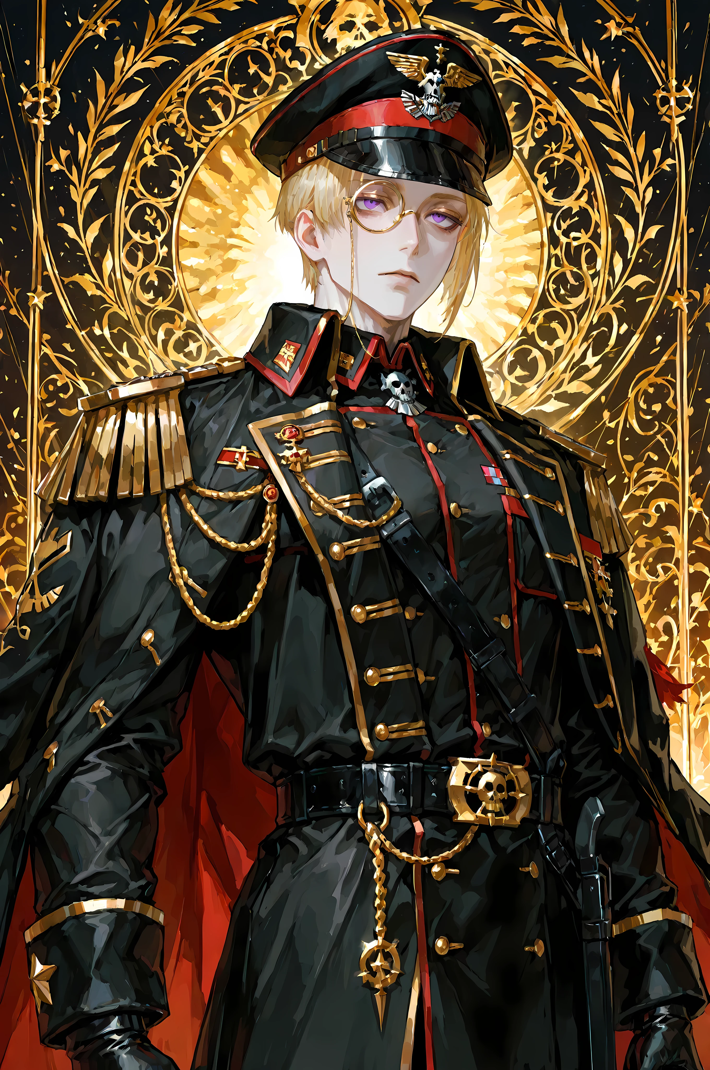 warhammer40kcommissar, 8k, beautiful masterpiece, looking ahead, alone, pale skin, Perfect Eyes shape, Athletic Build, ((He wears: black with red and golden accents = commissar officer six-buttoned epaulets jacket, military decorations on jacket, commissar military overcoat, commissar military cap; black belt with golden buckle; golden rimmed monocle; black service gloves))), (((background is warzone, is emotionless and somber while holding 1 laspistol ready to fight))), mature man, 1 man, male-centered, muscular male, handsome man, handsome, short hair, blonde hair, Thick painted, purple eyes, Perfect Eyes, masterpiece, top quality, amazing quality, exquisite details, very detailed, semi-realism art, semi-realism art style