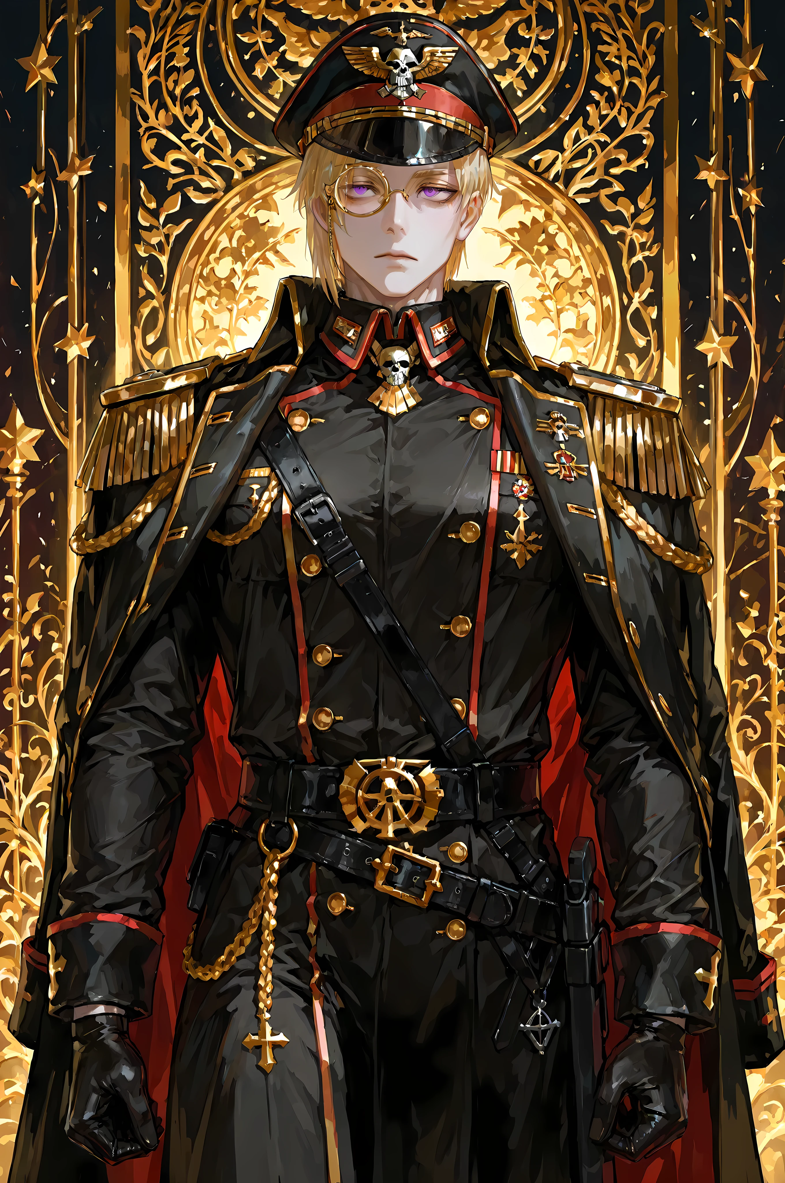 warhammer40kcommissar, 8k, beautiful masterpiece, looking ahead, alone, pale skin, Perfect Eyes shape, Athletic Build, ((He wears: black with red and golden accents = commissar officer six-buttoned epaulets jacket, military decorations on jacket, commissar military overcoat, commissar military cap; black belt with golden buckle; golden rimmed monocle; black service gloves))), (((background is warzone, is emotionless and somber while holding 1 laspistol ready to fight))), mature man, 1 man, male-centered, muscular male, handsome man, handsome, short hair, blonde hair, Thick painted, purple eyes, Perfect Eyes, masterpiece, top quality, amazing quality, exquisite details, very detailed, semi-realism art, semi-realism art style