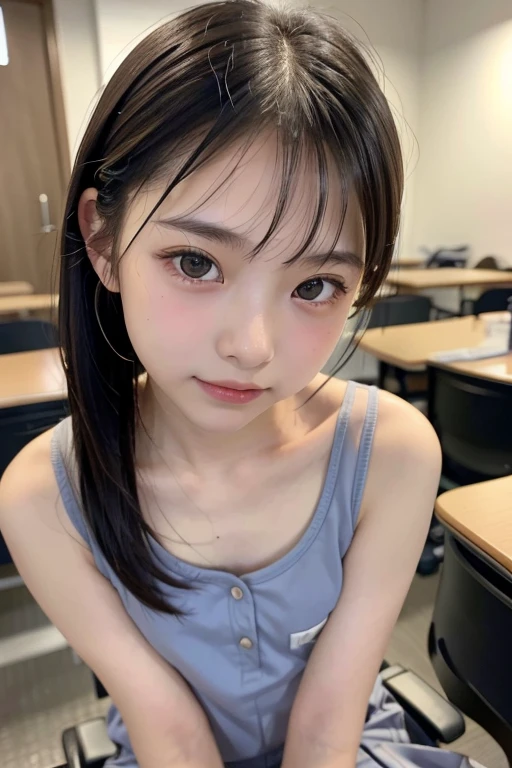 Japanese,Beautiful girl at 6 years old:1.85,Baby Face:1.85、Ultra-flat chest:1.85、Ultra short height、Cry、Watery eye,cute,Primary school students,女子Primary school studentsの私服,Summer clothes、clavicle、Black Hair、Nipples are visible、Inside the kindergarten、Childish、short hair