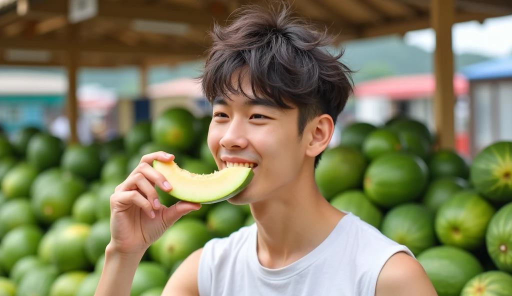 (RAW photo :1.2), (verisimilitude :1.4), lively Asian boy holding a banana, posing at the screen with a smile, very detailed eyes and face, huge file size, Super Detailed, High resolution, Very Detailed, best quality, Masterpiece, 8k, amazing, fine detail, soft lighting, (in the back) (pink background)