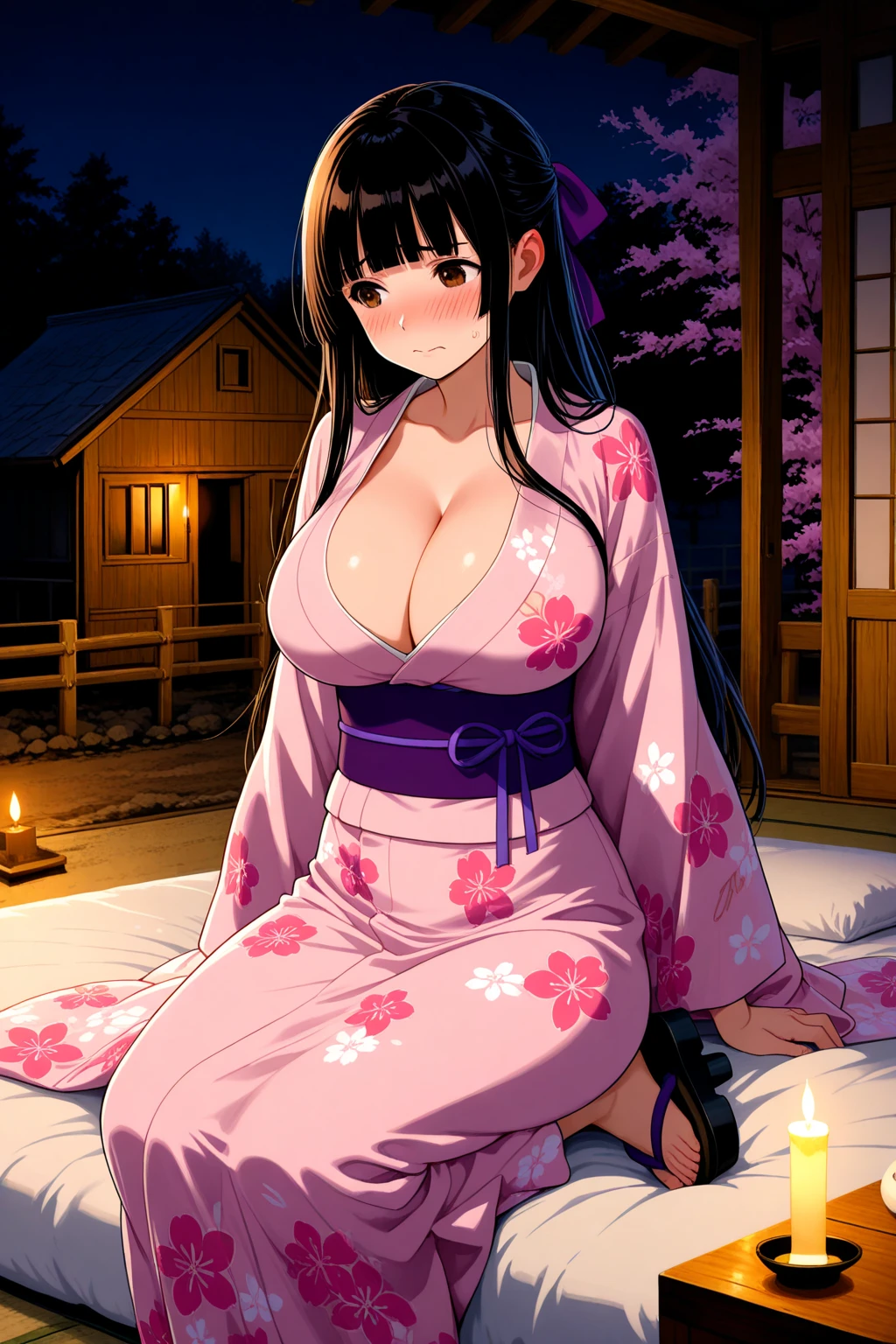 masterpiece, best quality, highres, 1girl, solo, long hair, hair flaps, purple hair, purple eyes, large breasts, cleavage, japanese clothes, pink kimono, off shoulder, bare shoulders, obi, <lora:oharu_v1:0.6>, sitting, bench, :o, outdoors
