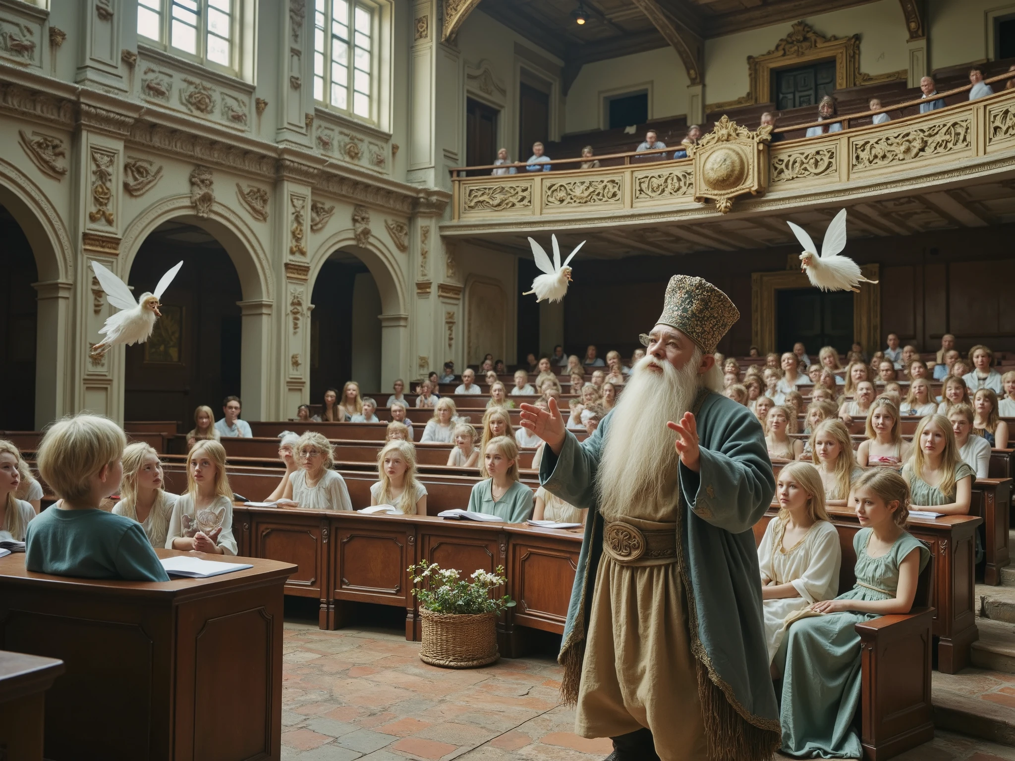 Mr.々college lectures by fairies、Antique auditorium、fairies taking lectures、some are waiting in the air、An experienced dwarf professor is giving a class
