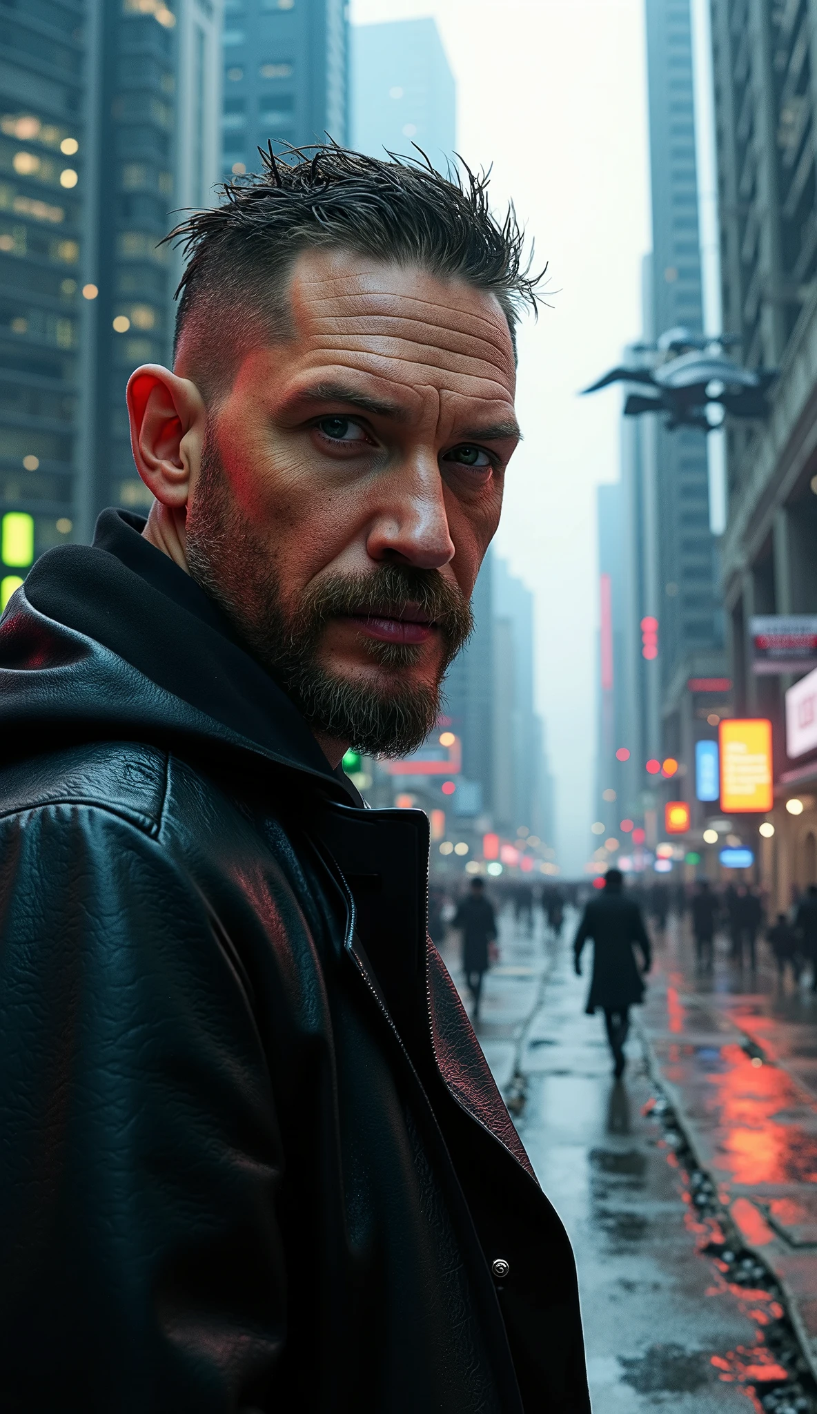 Tom Hardy focusing on his face in the background Buildings with pulsating lights, flying cars with light trails, dark sky illuminated by holograms, streets with pedestrians in technological clothes.