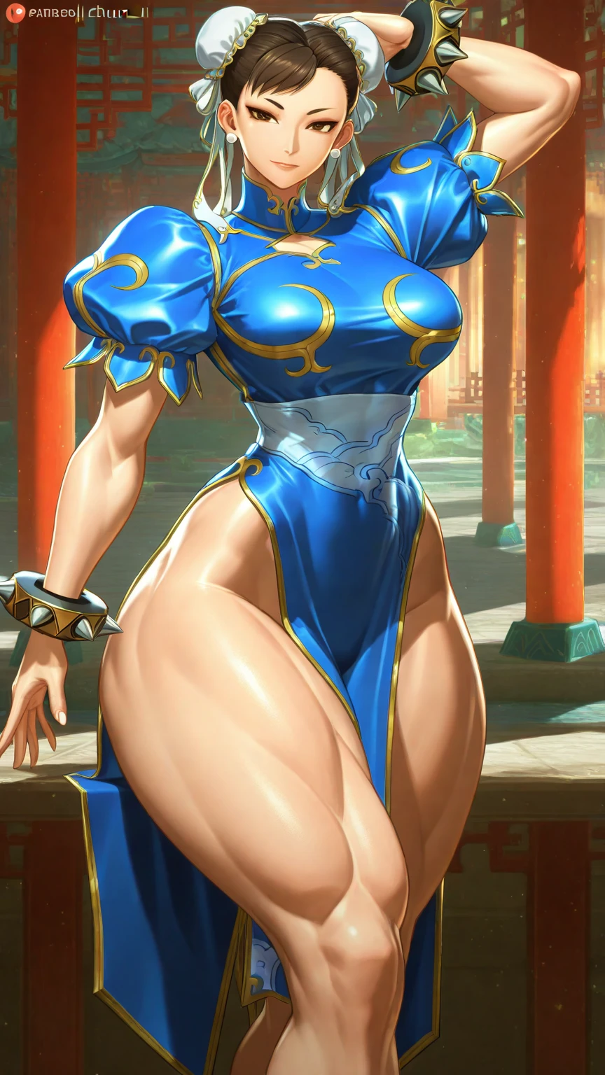 Street fighter chun li smiling, showing armpits and pussy half naked.(((half naked))) city background, full body, white boots.