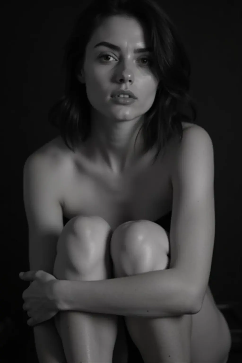 create an image of a woman with her legs open and a man performing oral sex on her. Very dark room, as if you could only see their figures. Sensual image. Spicy context. The image format is a drawing made on paper using graphite only.