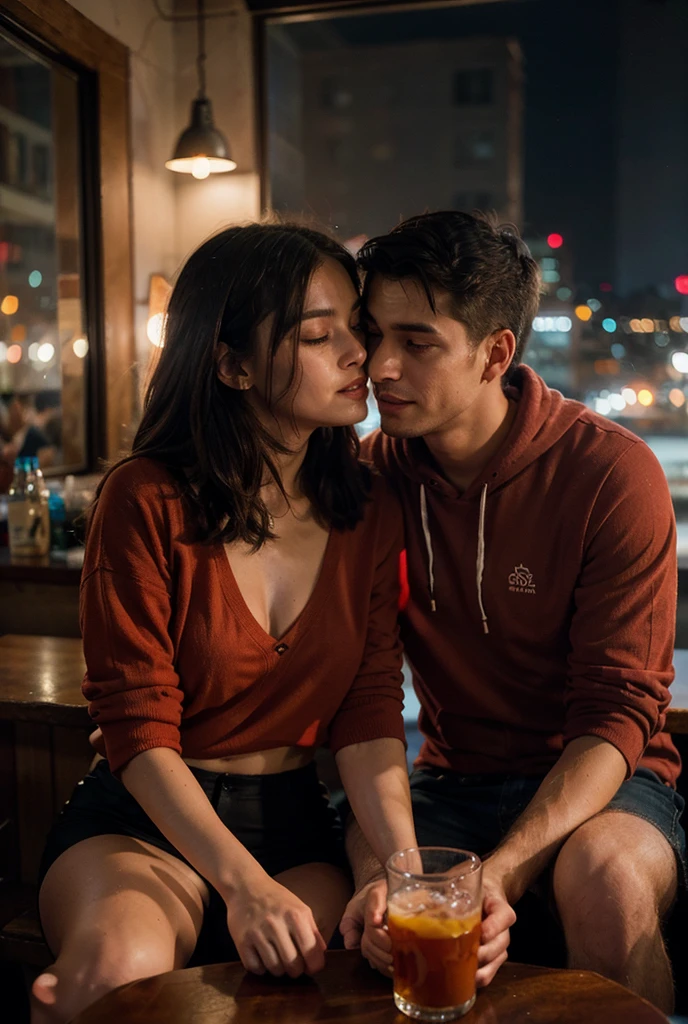 Beer bottle with a girl and a boy kissing in the back out of focus