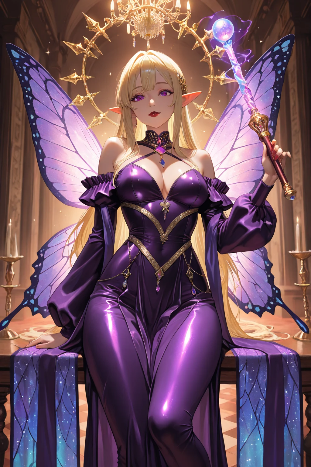 Best quality, masterpiece, ultra high res, raw photo, beautiful and aesthetic, deep shadow, fairy theme,(ultra detailed:1.3),
1girl, sitting pose, headdress, drill hair, long hair, blonde hair, gradient hair, yellow eyes, solo, (saggy breasts, gigantic breasts:1.1), big hair, blue hair, divine goddess, looking at viewer, indoors, modern bedroom, room full of curtain, astraea, full body, NSRusalka