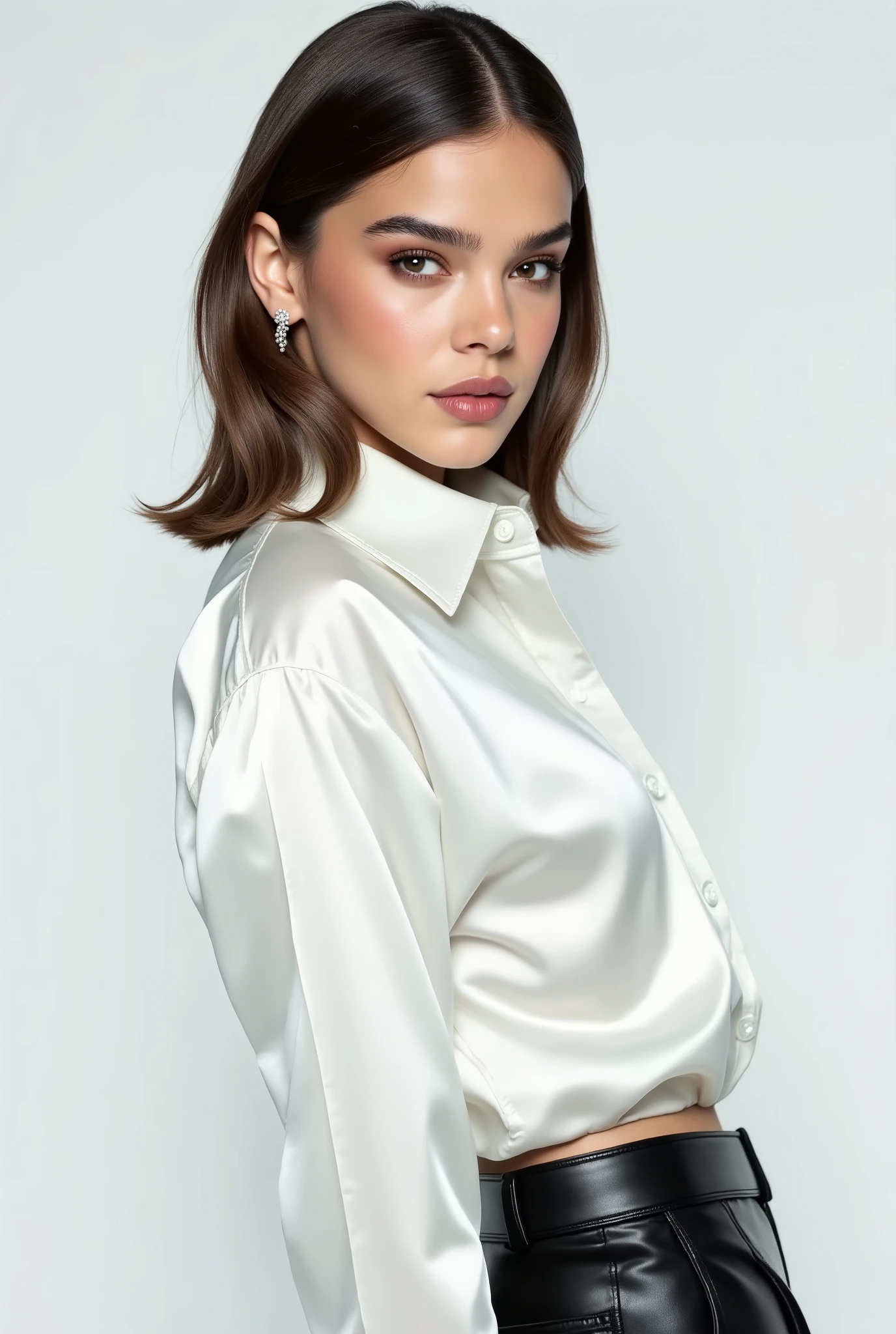 backview of Hailee Steinfeld, American actress with hazel eyes wearing a shiny white satin button down shirt, black leather pants, looking over her shoulder at the viewer, white studio background