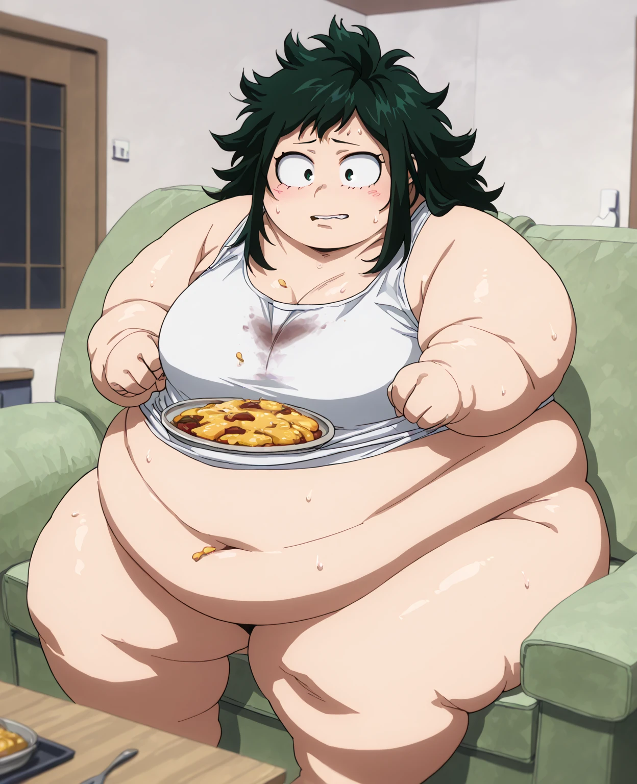 (big muscular female bodybuilder, beautiful detailed eyes, beautiful detailed lips:1.1,strong physique(small smile),(((InkoMidoriya,pink sweater,shirt,blueskirt,green eye's,green hair (muscle are visible in clothes)))), lifting weight, muscular arms and legs:1.2, toned abs, powerful expression,sweating:1.1, bed background:0.9, intense focus:1.1, vibrant colors, dramatic lighting),rippling muscles,sturdy frame,dark tan,fit around the waist,tight abs,strong arms and shoulders,intense expression,determined look,well-defined muscles and veins,straining muscles,artistic pose,steely gaze,side lighting,powerful presence,vivid colors,dynamic composition,studio lighting,physically-based rendering,athletic build,bodybuilding silhouette,professional,gritty texture,bokeh.