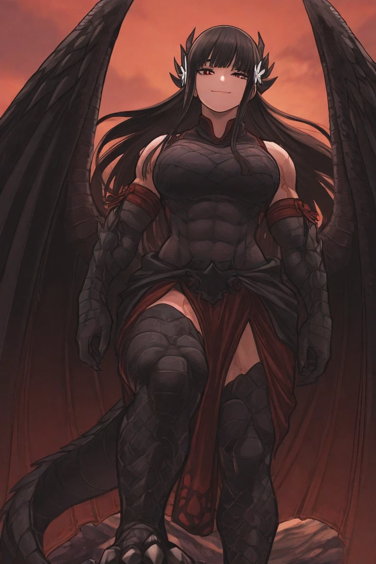 (top-quality、​masterpiece:1.2), 1girl in、Carnal body、musculature、akiyama rinko, darkskin, black slicked back hair 、a yellow eye、tits、Big buttocks、(black double slit dress), ((Raking up your hair、One hand is on his hip)), (Vicious look、Vulgar smile), Beautiful fece、A sexy、elegent、enticing、Beautiful and well-groomed face、beautidful eyes、beautiful hairl、slick skin、smooth legs