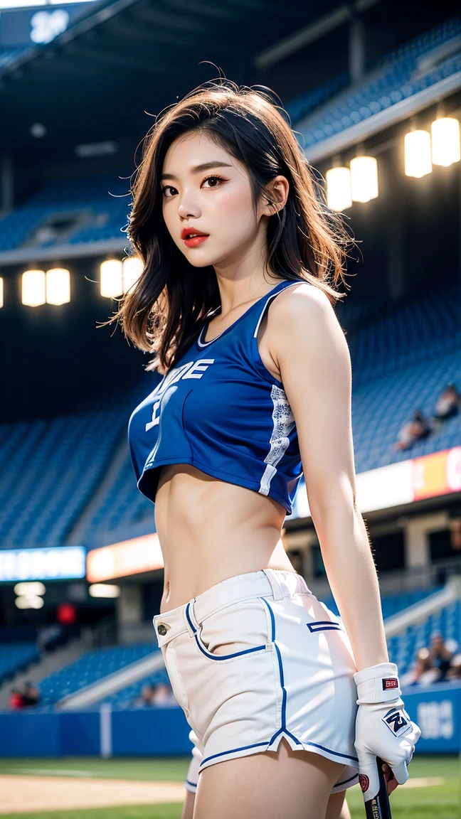 ((Master parts, Best quality,absurderes)),Makoto Shinkai( 1人の女性,soio, Long hair, 21 yeas,Expressive blue eyes,Huge breasts, seios enormes), Cheer Uniforms(((Mini sleeveless gym top, pleatedskirt,White thong panties with bandages, sockes))) , University football field,Other blurred buildings at the bottom of the image, tag,University football field,University football field,University football field