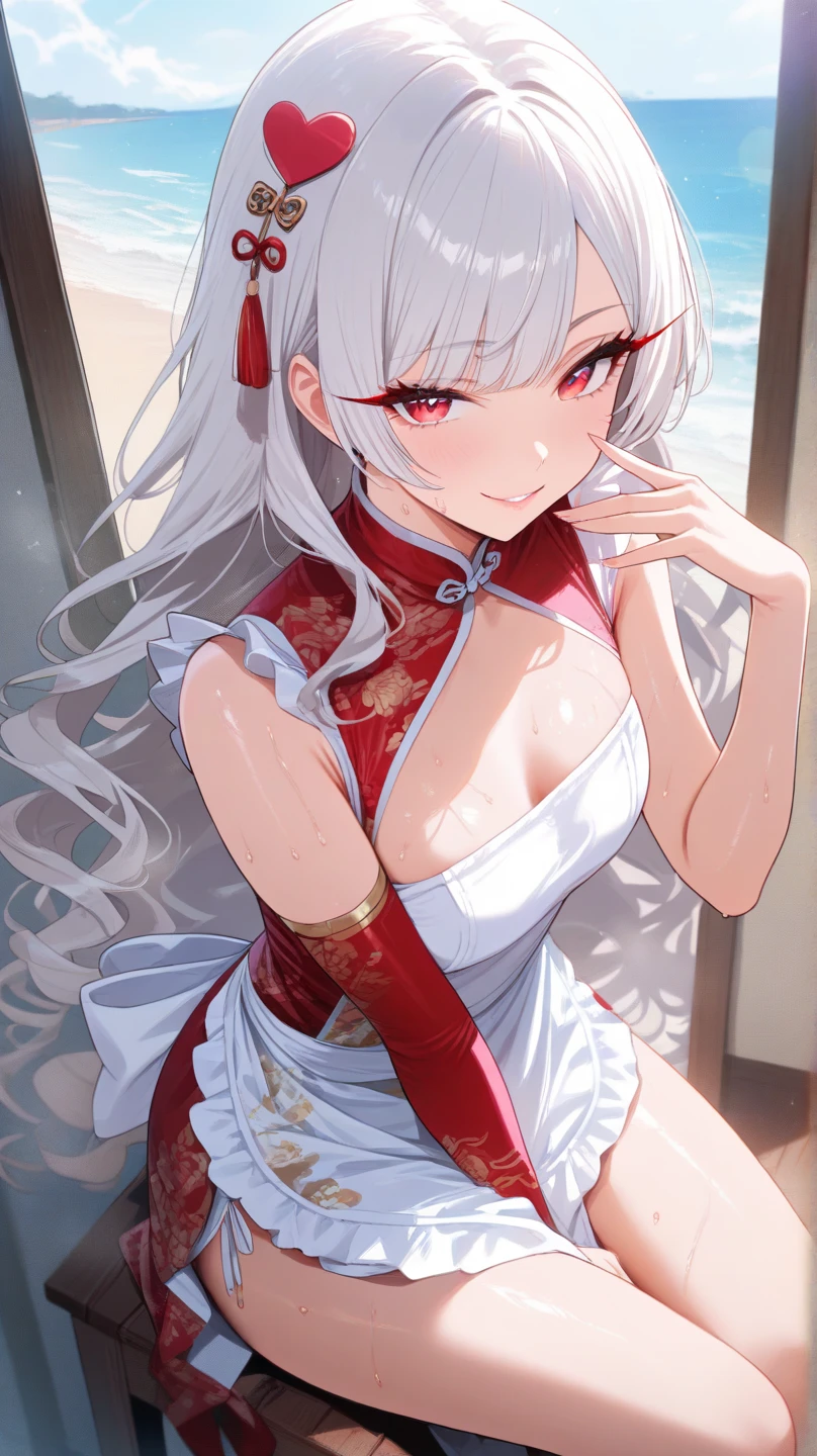 female nine-tailed fox, shrine outfit, bare leg, sexy body shape, masterpieces, chill aura, croatch tattoo, wet body detailed, lying on the ground, bright red pupil, sakura falling, japanese building background, red rope accessorize, fur white scarf, bell