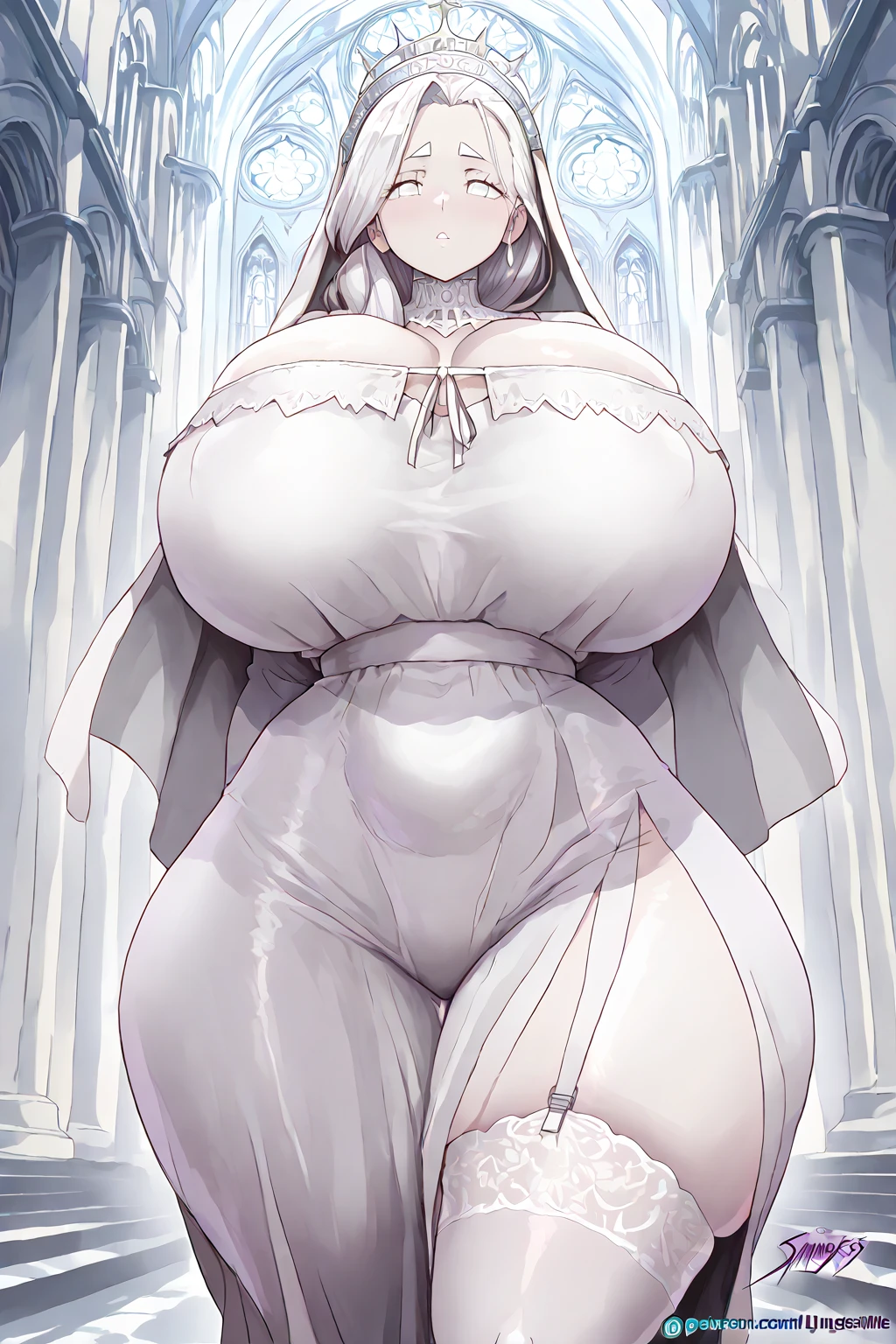 masterpiece,best quality,1girl,solo,Ayanami_Rei_Mogudan,huge_breasts,wide hips,thick thighs,(lace-trimmed wedding dress,cleavage),expressionless,blush,hands on own chest,indoors,church, ((long legs)), (((Massive Female Bodybuilder))), ((((Muscular Legs)))), (((((Huge Muscles)))))