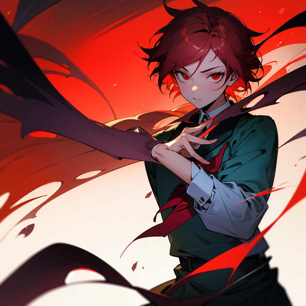 Man with red hair and eyes that burn with intense fury, wears only the black uniform of the demon slayer hunters, He is full of scars all over his body that terrify anyone, demon slayer art