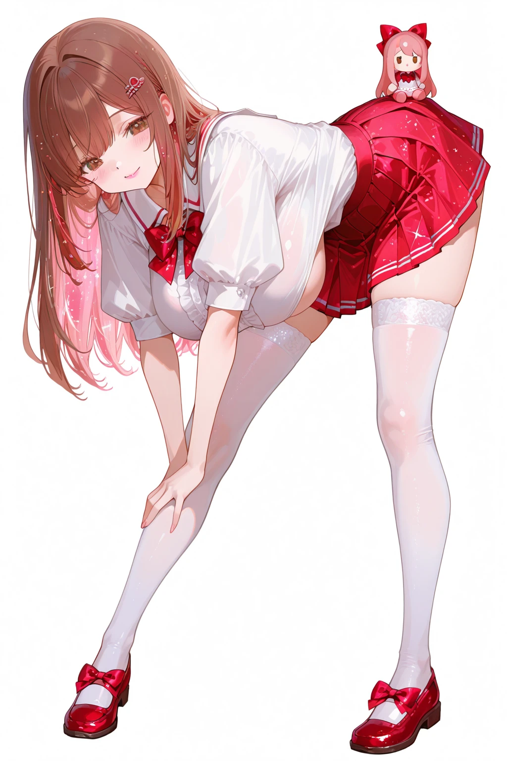 (((masterpiece, Highest quality, High resolution, 超High resolution, Pixel perfect, Written boundary depth, 4K, RTTX10.0))), Beautiful Anime Women, Beautiful art style, Anime characters, ((Smooth texture, Realistic texture, Anime CG Style)), Exact finger count、Exact number of legs、(Exact number of arms:1.0, 正確なhandの数:1.0), (完璧なhand, Perfect Anatomy), Cinematic, Realistic, Highly detailed CG, Daytime lighting, Perfect lighting, Best Shadow, The best natural light, whole body, Perfect body, バランのとれたPerfect body, Perfectly balanced style, (Slender body:1.2), ((bangs, Reddish brown hair, Stylish hairstyle)), ((3人のかわいい女性はlocker roomで着替えている:1.8)), ((Bow tie around neck, High heels:1.3), (Sexy and cute white underwear:1.3), (Stylish shiny white satin panties, Side tie panties, The center is plain white、Panties with lace side detailing:1.3), (Thin panties with red ribbon:1.3), (White Micro Lace Satin Bra, White lace-trimmed bra, Thin bra with red ribbon:1.3), (lace garter belt, Garter string, Knee socks:1.3):1.3), (Beautiful big , Cleavage:1.1), (Embarrassed expression:1.4), (blush:1.2), (The facial expression of a person holding in the toilet:1.4), (locker room, locker, main office:1.5), naked, In underwear, Office lady in underwear, whole body, Angle from the front, Chizuru, hand, Mami,She is embarrassed because she was pushed down.、masterpiece、naked、No underwear、tits、blush、Opening her pussy、Lying down、Big Breast-shaped legs、Ahegao