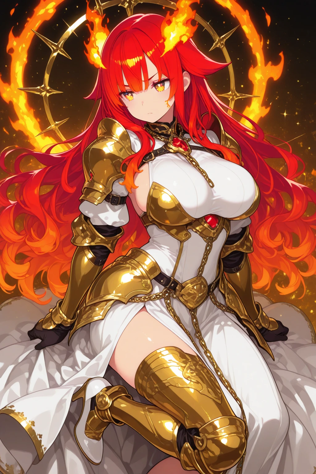 woman, long hair,, Golden Armor, Sagittarius Armor, very long hair, (long hair), long hair, (((Red hair))), (((Red hair))), Detailed images, Super definition, 16K, looking at camera, wing, Golden armor, helmet, Sagittarius Armor，Huge breasts，cleavage