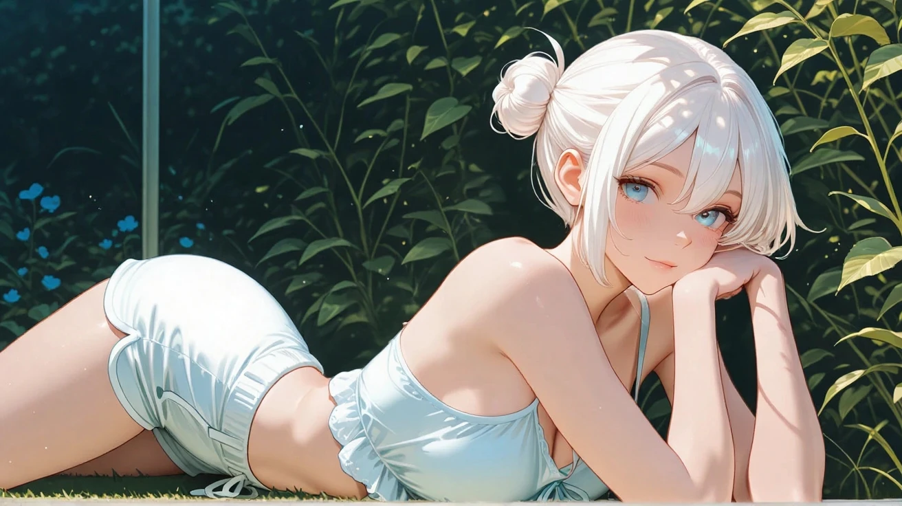 1girl, breasts, underwear, wet, bra, twintails, solo, large breasts, water, navel, looking at viewer, see-through, wet clothes, nature, cleavage, sitting, white hair, open clothes, outdoors, long hair, collarbone, white bra, forest, lips, long sleeves, blue eyes, shirt, nail polish, antlers, leaf, red lips, open shirt, thighs, rock, realistic, forehead, tree ,<lyco:GoodHands-beta2:1>