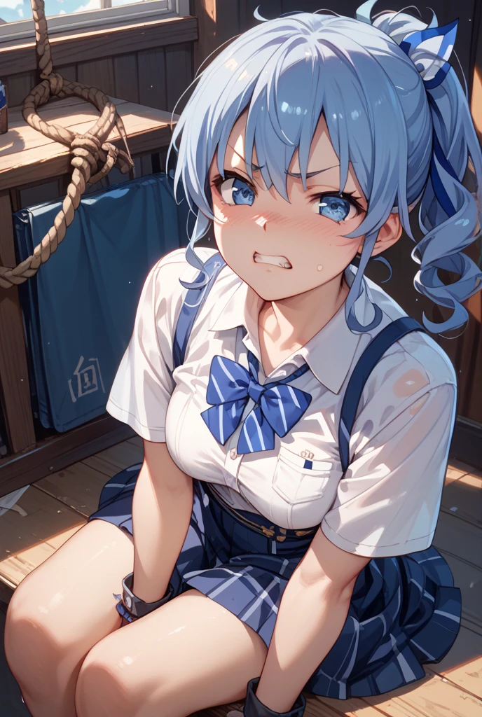 1 girl, strapped to a chair, (bondage chair:1.5), (open legs:1.5), spread arms, arms to the sides, (inside basement, underground, torture room), (ankles tied, wrists restrained, ankle cuffs, wrist cuffs), arms to the sides, (blushing:1.5), (crying:1.1), (teary eyes:1.1), (struggle:1.5), (blushing, worried, scared, teary eyes), ((tight clothes, short sleeves, sailor uniform, mini-skirt, shoeless)), perfect body, big thighs, perfect face, beautiful face, beautiful eyes, detailed eyes, focus on face, centered, Eye-Level Shot