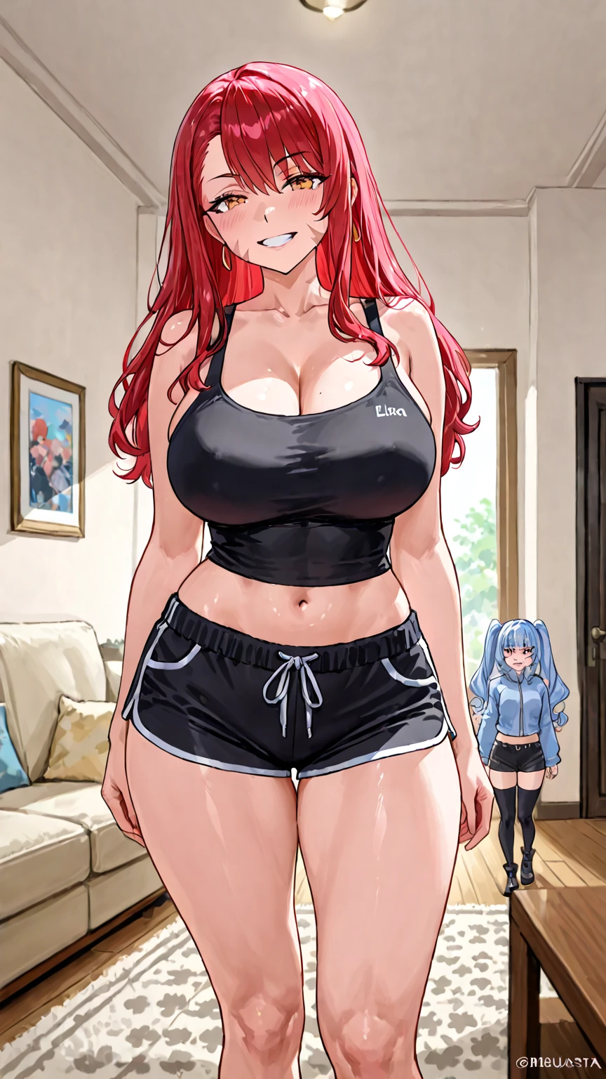 Your beautiful gorgeous sexy curvy tomboy girlfriend wearing a crop top and booty shorts,solo, blushing, grinning, accidentally cute pose, she knows you’re trying to make her fatter, she loves you, heavy chubby belly, wide hips, massive round heavy breasts, massive wide round heart shaped shelf bubble butt, long red hair, beautiful blue eyes, small tight revealing clothes,