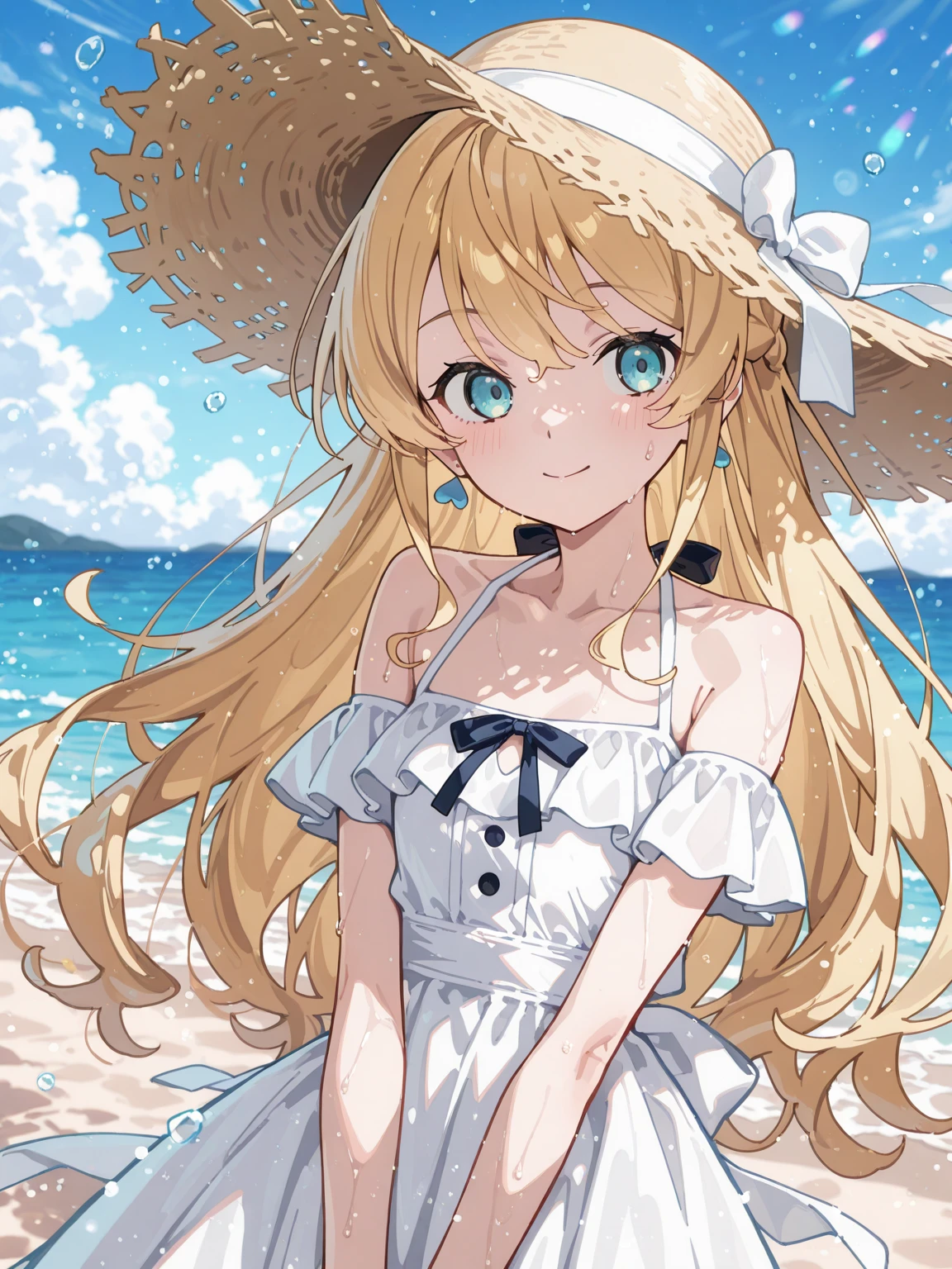 1girl, hasegawa mii\(re:stage!\), blonde hair, long hair, wavy hair, purple eyes, eyes\(hasegawa mii\), detailed eyes, detailed face, (heart hands:1), smile, Sundress, sun hat, beach, (wariza:1), <lora:hasegawa mii v1 test12-000018:0.8:test K>