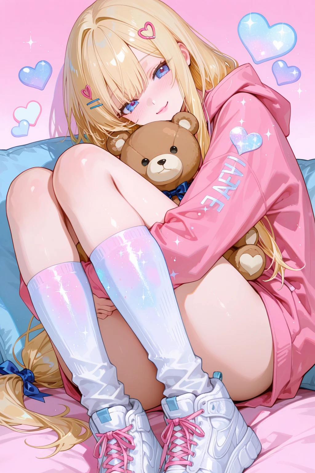 Sarah has brown skin and big, sky blue eyes with thick lashes. Her lips are slightly darker than her skin, and she has long, curled pink knee-length hair. Her bangs are brushed mainly to the left and she wears a light brown bear hat.
Her undergarment consists of an off-white top and panties combination with bear head print and bands of pink that have Honey written on them. Normally she wears an off-white hoodie with beige fabric covering the chest and upper-arm with a bear face drawn at the middle. From the elbow to the wrist is dark brown ribbon stitched through the fabric to match the hood color. She pairs this with pale pink knee-socks that have two white stripes around the top, and beige platform shoes with brow SPARKLE; GLITTER