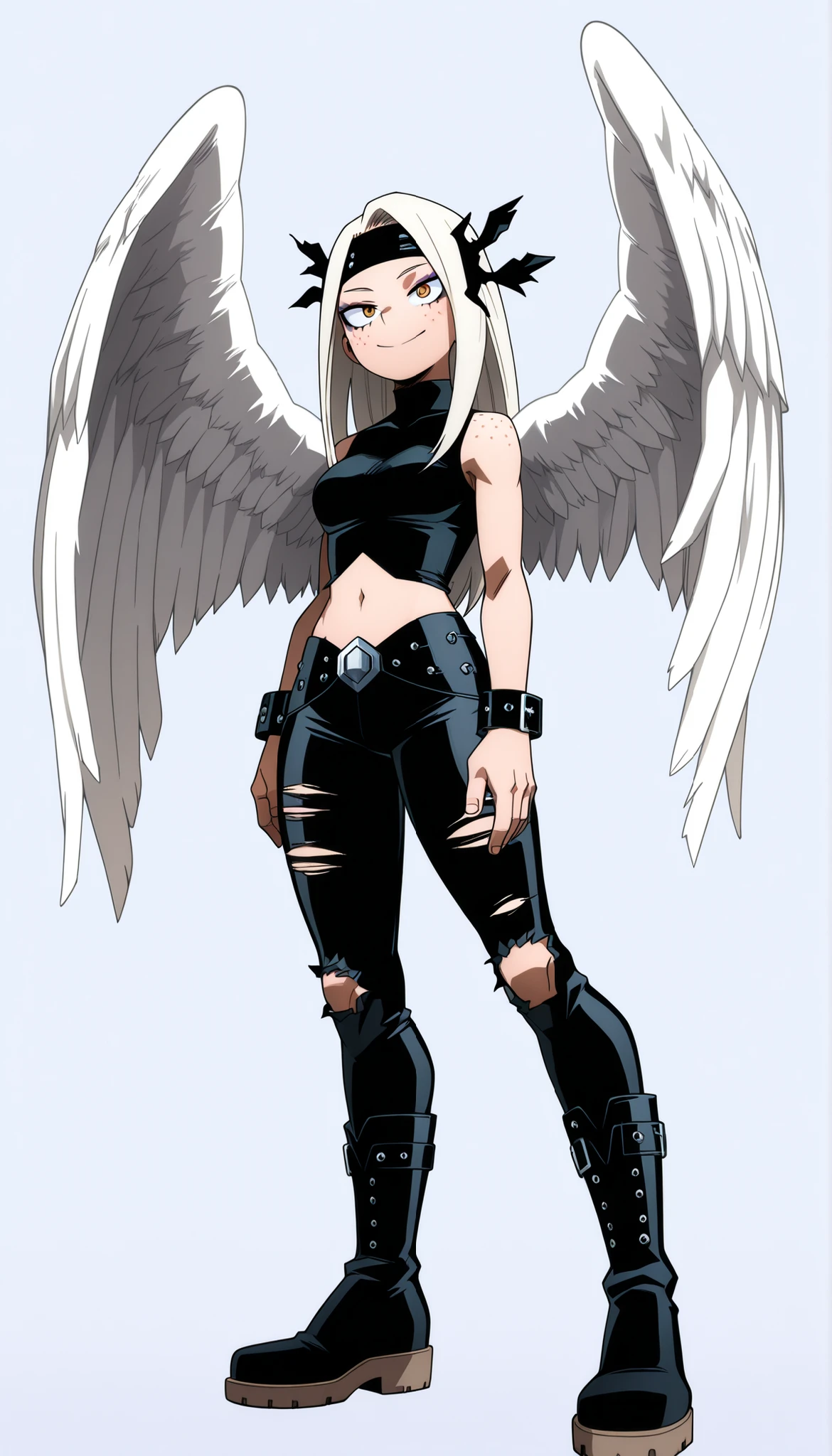 ((Highest Quality)), ((Simple Dark grey background)), (My hero academia style), full body, 1girl, Solo, flat breasts, thighs, hips, thick Shin, standing, smiles, hand on lower back, Athletic body, Slim body, slender body, Orange eyes, Freckles, Pale skin, Pale skinned, Pale-skinned female, Straight hair, long hair, White hair, (Black leather skinny top tank with turtleneck), Black top tank, Black leather top tank, leather top tank, skinny top tank, top tank with turtleneck, Black top tank with turtleneck, leather top tank with turtleneck, skinny top tank with turtleneck, (Tight Torn black leather pants), Tight black pants, tight leather pants, tight Torn leather pants, tight black leather pants, black leather pants, torn leather pants, tight Torn pants, Torn black pants, Torn pants, tight pants, tight pants, leather pants, (Low-soled black leather calf boots), Low-soled boots, black boots, leather boots, calf boots, Low-soled calf boots, Low-soled black boots, Low-soled leather boots, leather calf boots, leather black boots, Black calf boots, black leather boots, (Black Spiky  headband), black headband, spiky headband, headband, Black Spiky Leather bracelets, black spiky bracelets, leather spiky bracelets, black leather bracelets, Black bracelets, leather bracelets, spiky bracelets, bracelets, ((White Feathered wings)), White wings, Feathered wings, wings, (Dark Purple Eyeshadow), Eyeshadow, ((midriff)),
