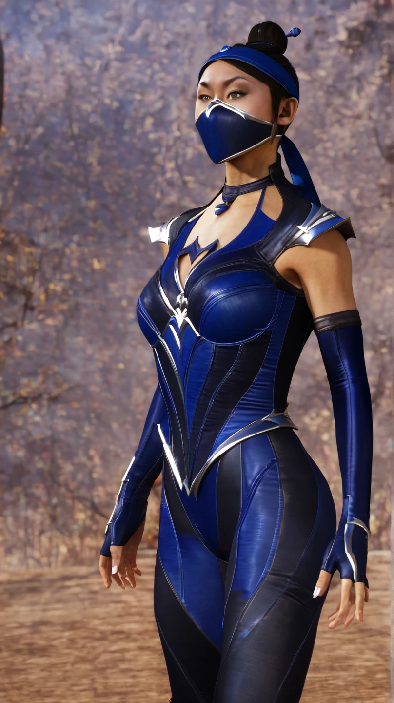 masterpiece, best quality, kitana, black hair, brown eyes, hair bun, elbow gloves, fingerless gloves, blue gloves, blue headband, blue bodysuit, blue pants, solo, photorealistic lights, cinematic lighting, ultra detail texture, ultra detail hair, hyperrealistic paiting, fantastic realism, outdoors, grass, <lora:Kitana:0.8>