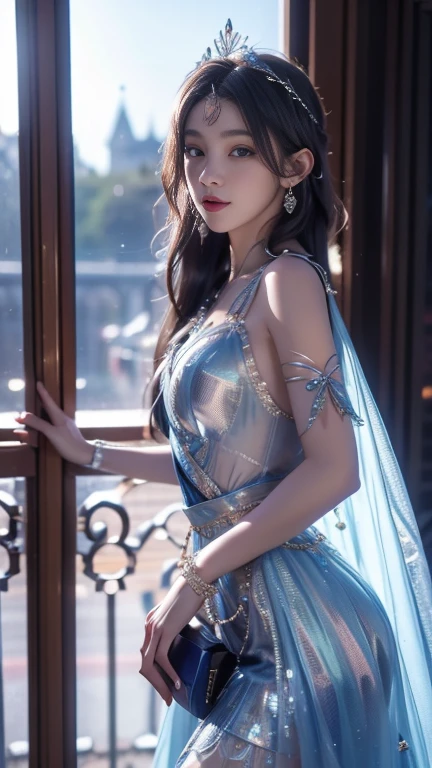 8K, UHD, MAsterpiece, best quality, 1 girl, (realistic face), happy pace, very long hair, small breasts, decorated dress, very beautiful ornaments dress, ((blue color)), ((lace)), mesh dress, sardine, loops, legendary night balcony, depth of field, cinematic lighting, chromatic aberration, motion blur, glowing light, god rays, ray tracing, reflection light, backlighting, navel,