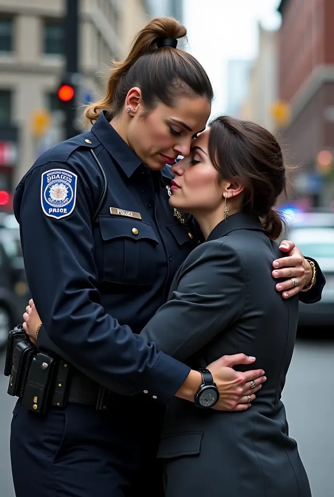 masterpiece,best qualtiy,hdr, hyper HD, 8K,Bokeh,Ultra-fine painting,Sharp focus,Physically-based rendering,Extreme detail description,portraitures,full-body photo，three Female police officers in a very tight buttoned uniform, leaning forward at viewer, (shag hair), Sexy smile, (in city in riot:1.2), (kissing:1.2), perfect eyes, perfect hands, perfect body, perfect hair, (Big breasts:1.3), (high heels), (EOS R8, 50 millimeters, F1.2, 8K, RAW photo:1.2), photograph by arny freytag
