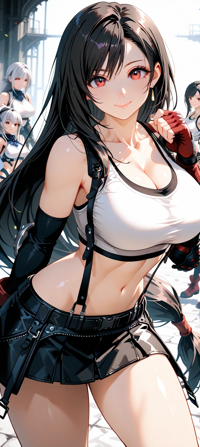 8k,masterpiece, bset quality,big, (1 girl), tifa lockhart, red_eyes, black hair, long hair, professional lighting, (shiny skin: 1.2), shiny big, ((best quality)), sharp focus: 1.2, highly detailed face and skin texture, detailed eyes, perfect face, perfect body, blur art, cg, background, Big breasts, presence (20yo, mature cool and beautiful face), wearing ((suspender black skirt), black elbow gloves, thigh, white tank top raised to expose breasts and areolas), blush, (mittgal), ((nude, breasts and genitals exposed, vulva and clitoris exposed)),random pose, top view,