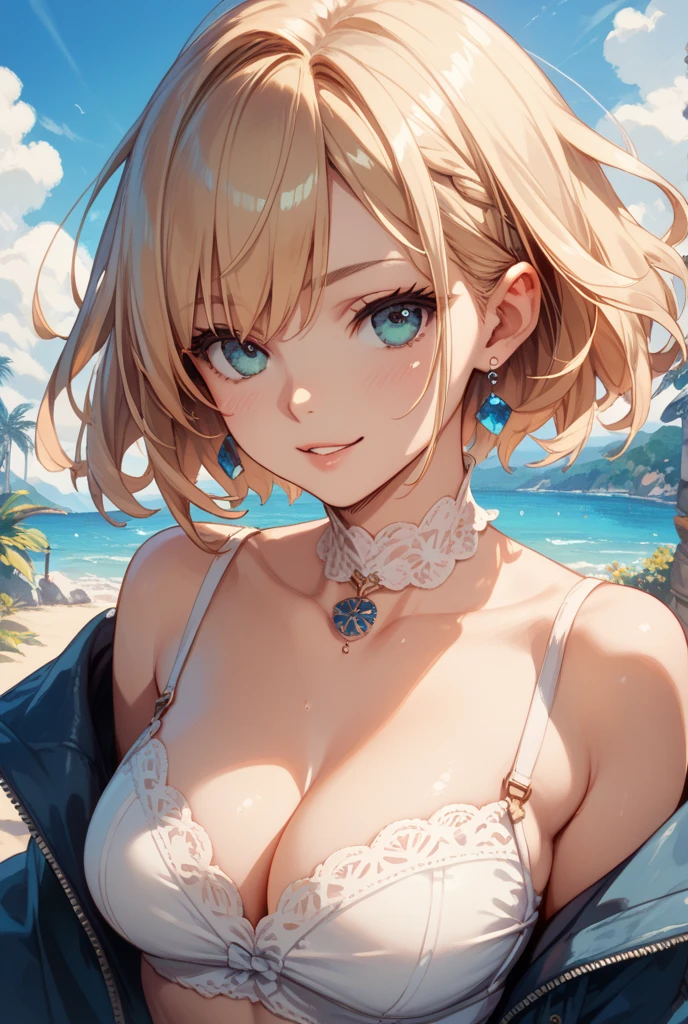 ​masterpiece、Massive landscape（（starrysky、Meteor swarm、Mysterious Sea））、About 20 years old、Beige hair、Shorthair、a beauty girl、huge tit、Bikini with ruffles、Embroidery in delicate colors、Farbe々Pose、Wet hair、Body is wet、perspiring、